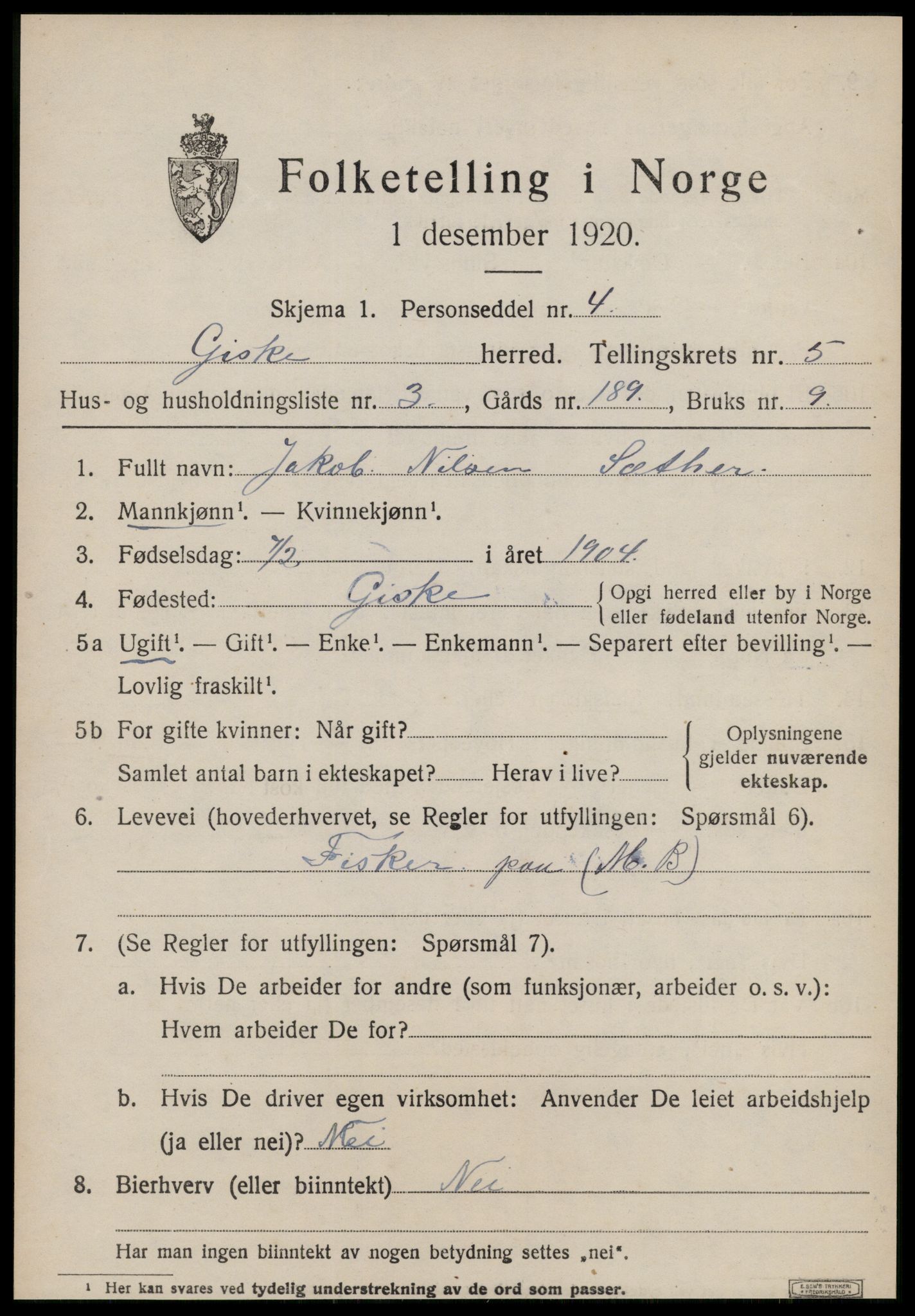 SAT, 1920 census for Giske, 1920, p. 3656