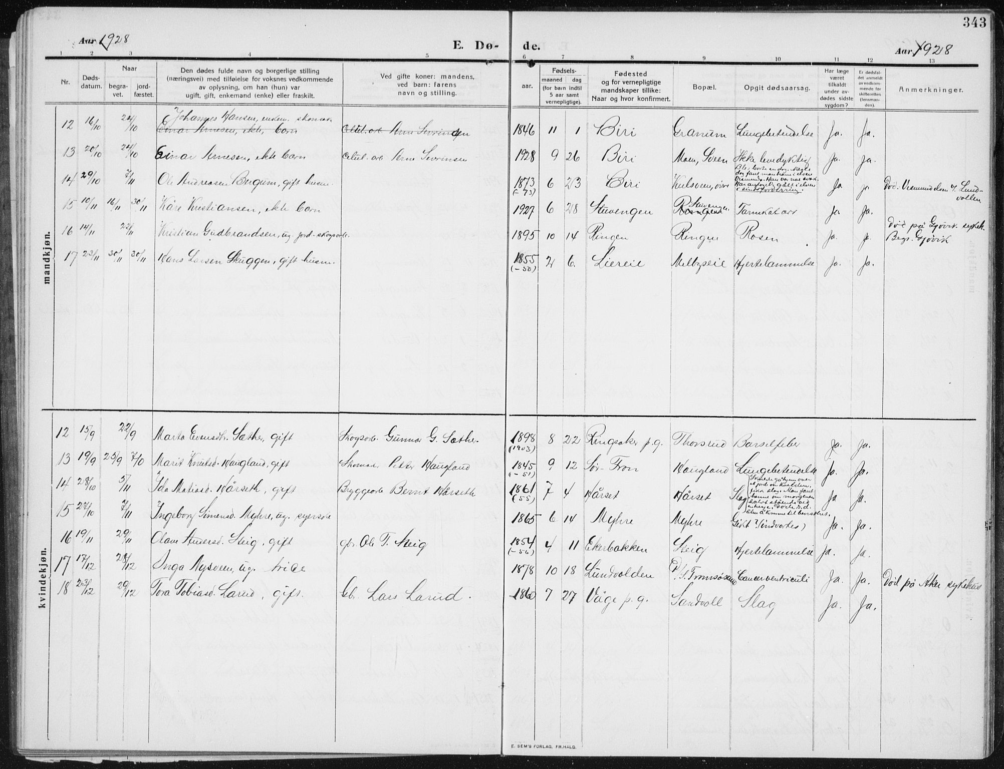 Biri prestekontor, SAH/PREST-096/H/Ha/Hab/L0006: Parish register (copy) no. 6, 1909-1938, p. 343