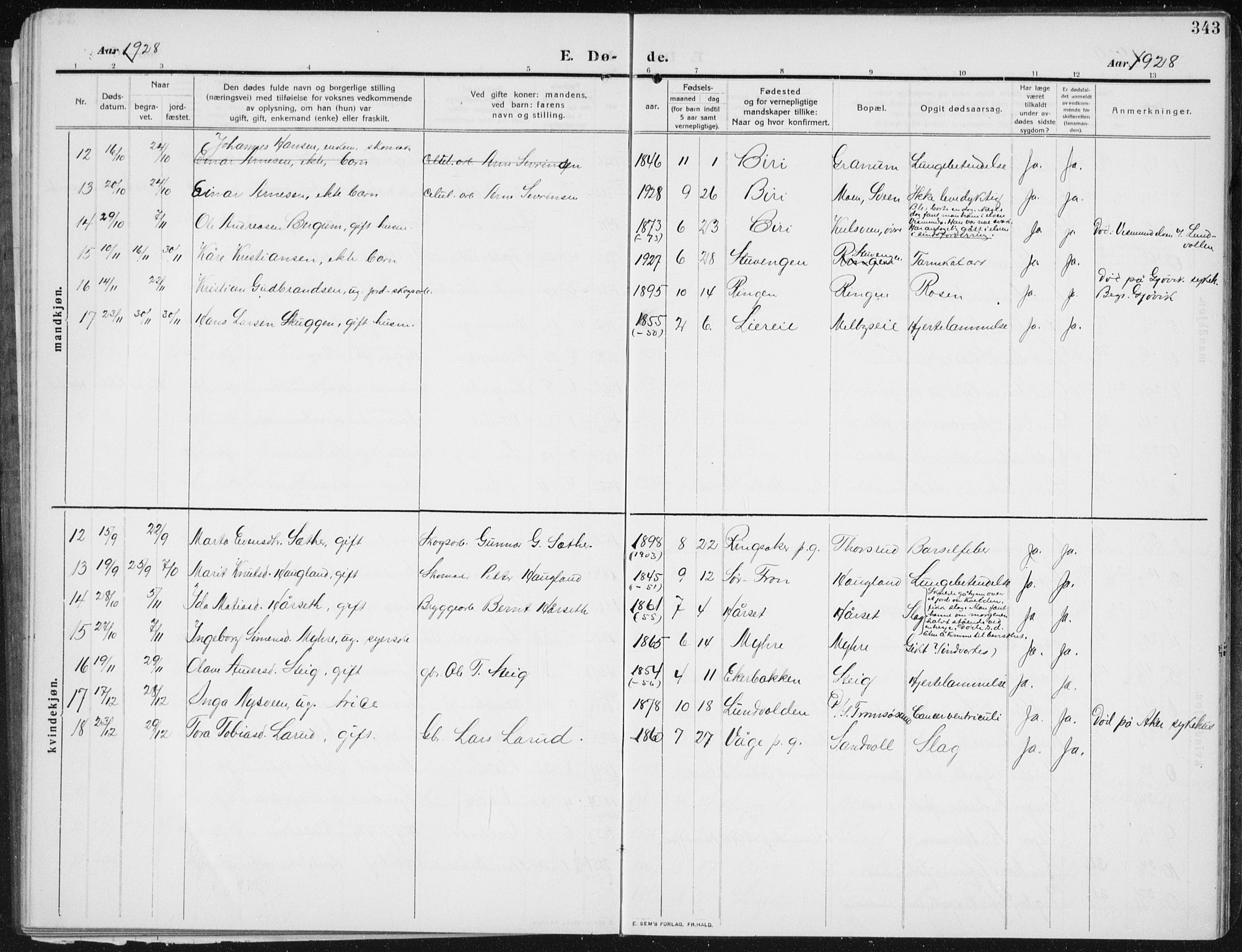 Biri prestekontor, AV/SAH-PREST-096/H/Ha/Hab/L0006: Parish register (copy) no. 6, 1909-1938, p. 343