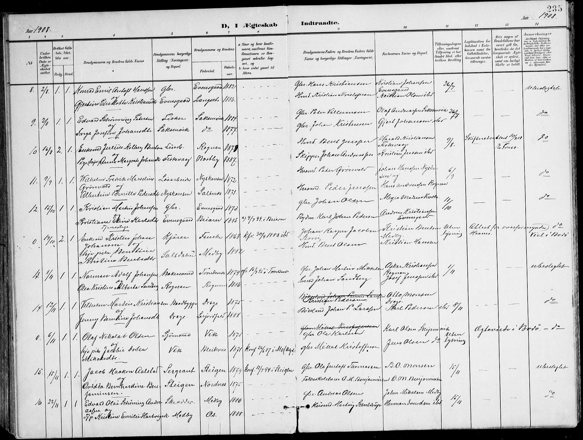 Ministerialprotokoller, klokkerbøker og fødselsregistre - Nordland, AV/SAT-A-1459/847/L0672: Parish register (official) no. 847A12, 1902-1919, p. 235