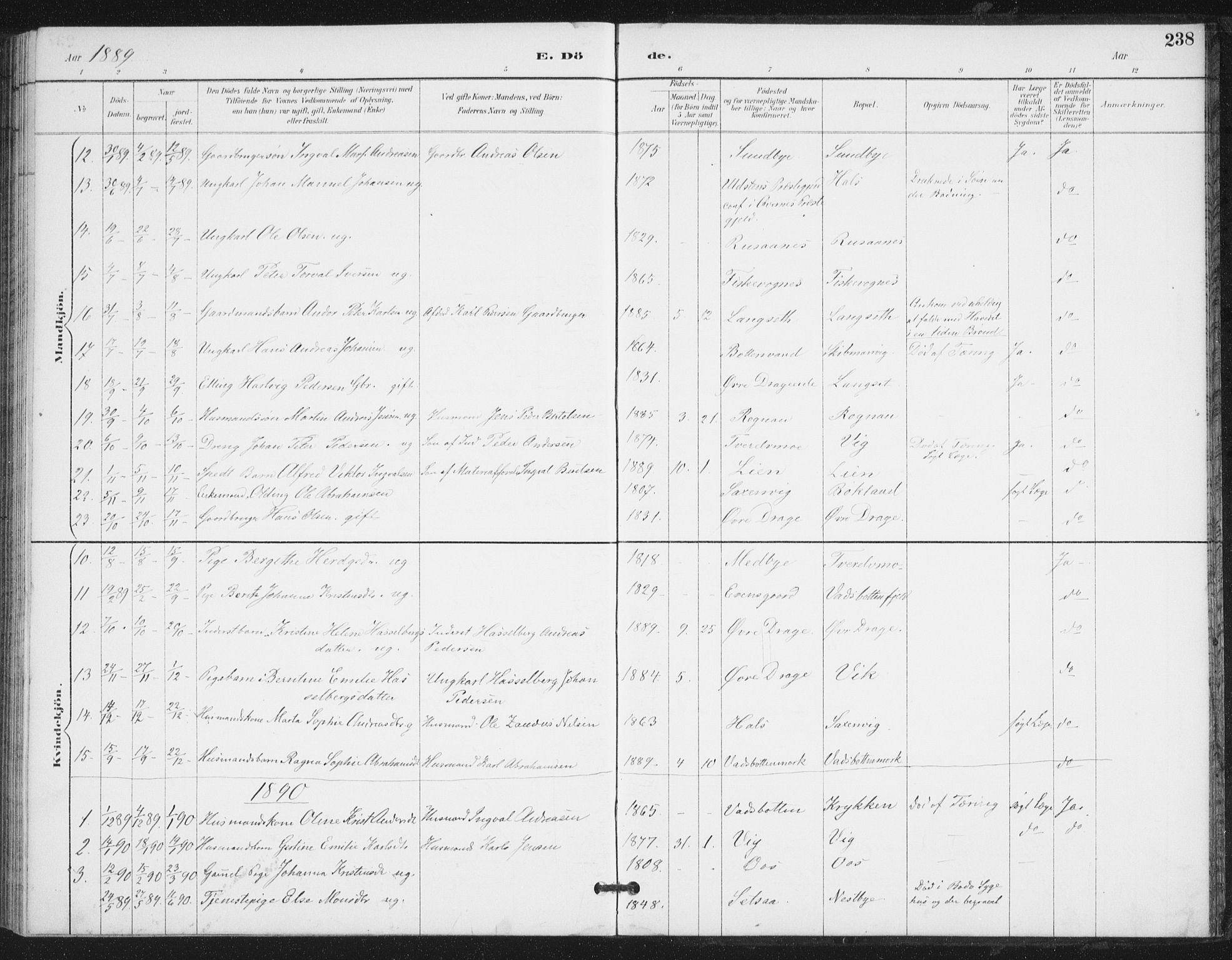Ministerialprotokoller, klokkerbøker og fødselsregistre - Nordland, SAT/A-1459/847/L0682: Parish register (copy) no. 847C10, 1889-1907, p. 238