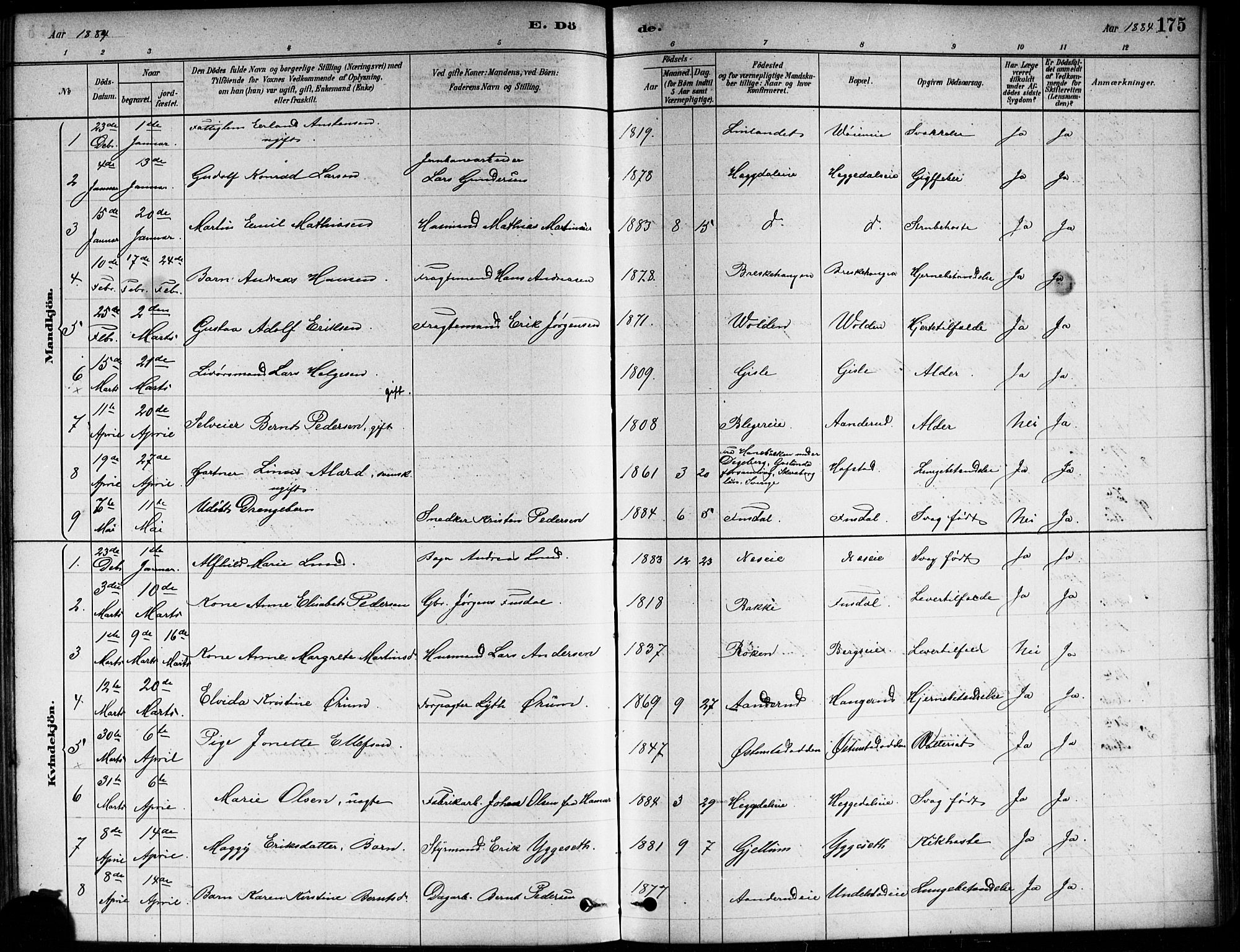 Asker prestekontor Kirkebøker, SAO/A-10256a/F/Fa/L0013: Parish register (official) no. I 13, 1879-1896, p. 175