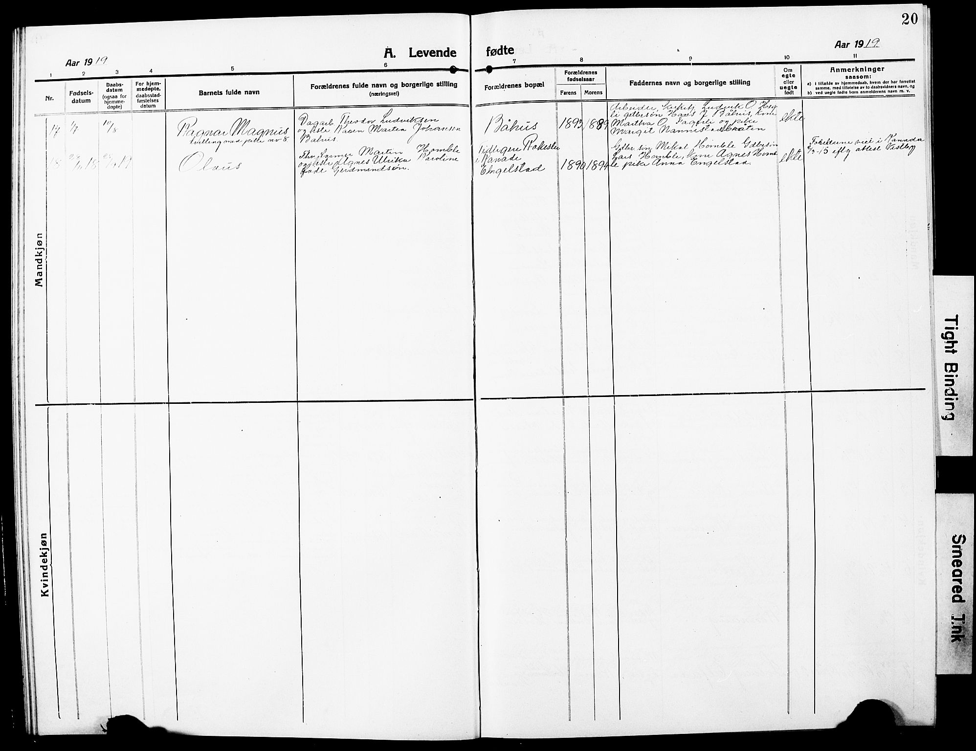 Nannestad prestekontor Kirkebøker, SAO/A-10414a/G/Ga/L0003: Parish register (copy) no. I 3, 1914-1929, p. 20