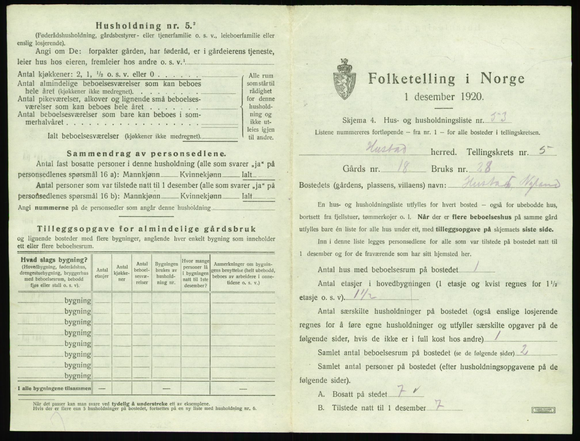 SAT, 1920 census for Hustad, 1920, p. 597