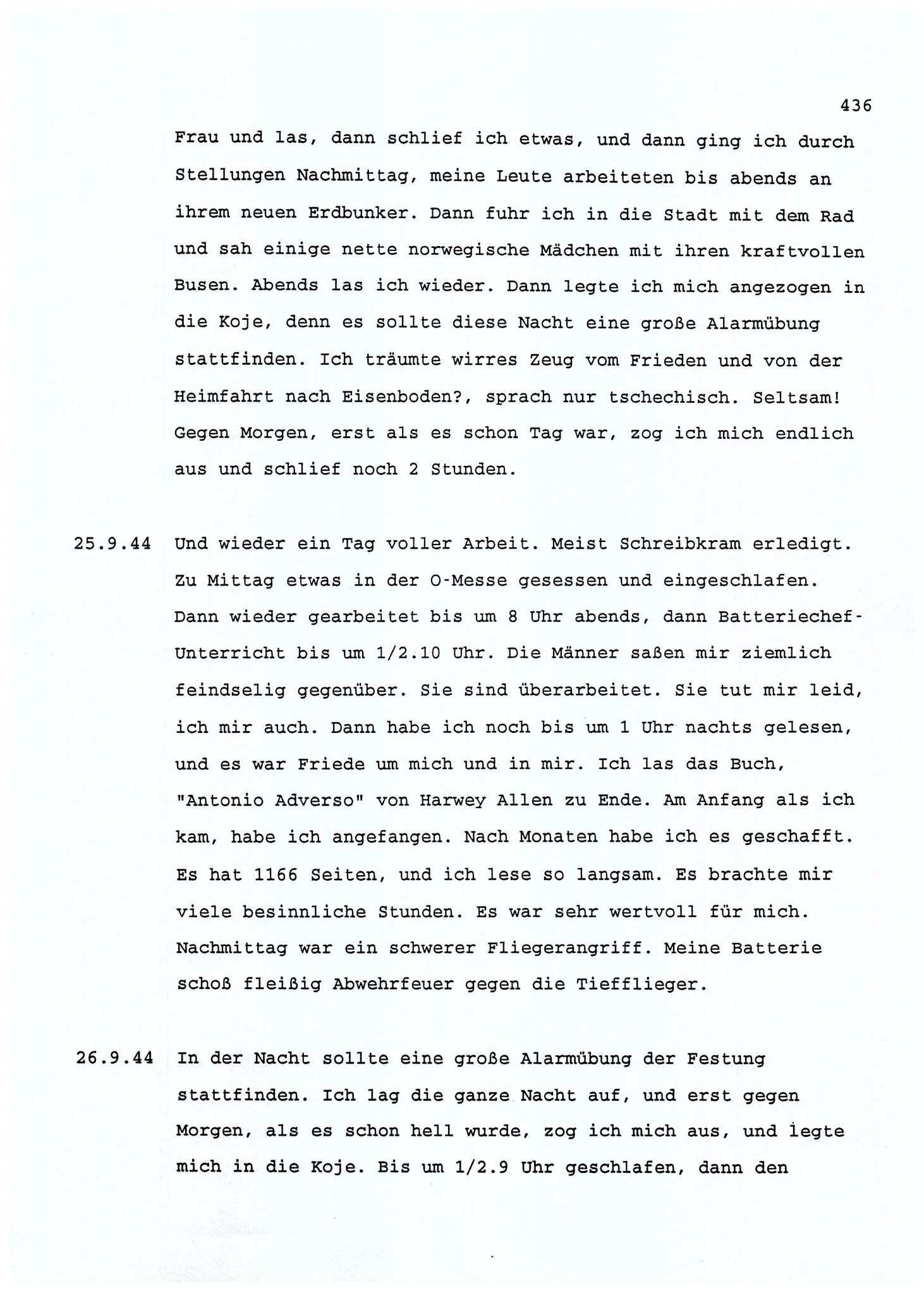 Dagbokopptegnelser av en tysk marineoffiser stasjonert i Norge , FMFB/A-1160/F/L0001: Dagbokopptegnelser av en tysk marineoffiser stasjonert i Norge, 1941-1944, p. 436