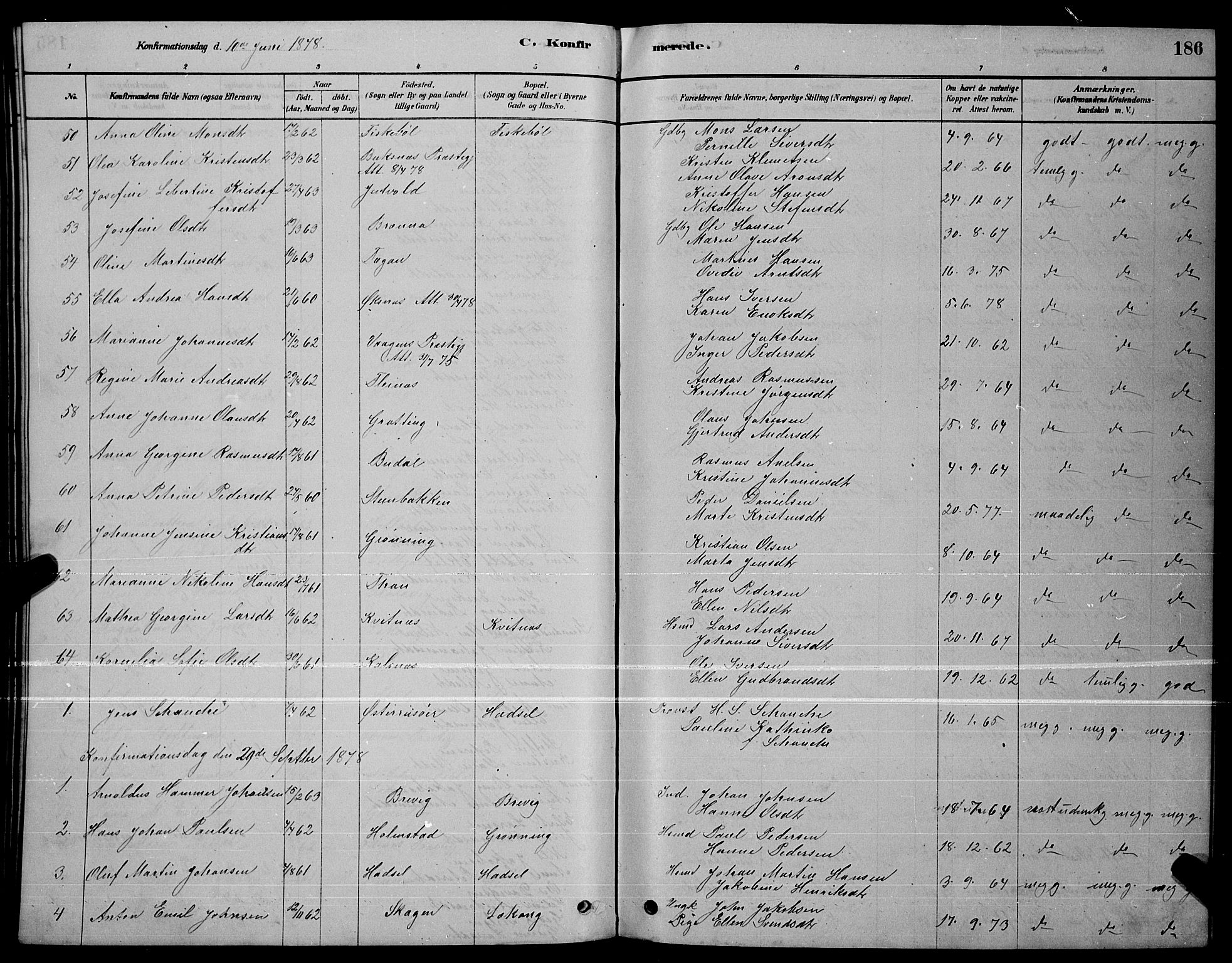 Ministerialprotokoller, klokkerbøker og fødselsregistre - Nordland, AV/SAT-A-1459/888/L1267: Parish register (copy) no. 888C05, 1878-1890, p. 186