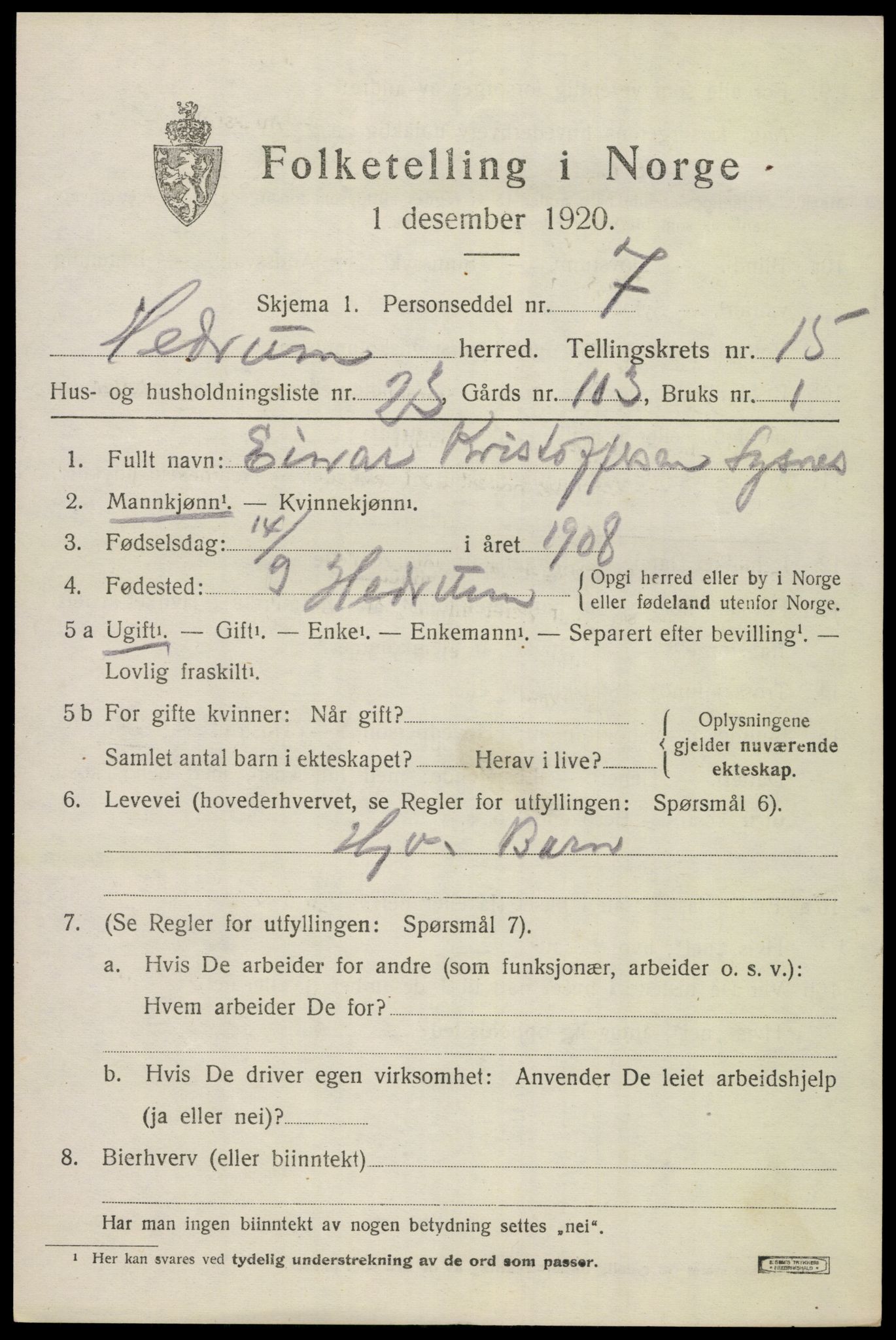 SAKO, 1920 census for Hedrum, 1920, p. 10211