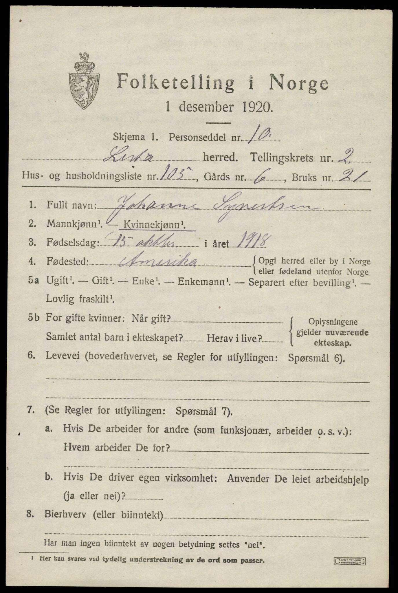 SAK, 1920 census for Lista, 1920, p. 4411