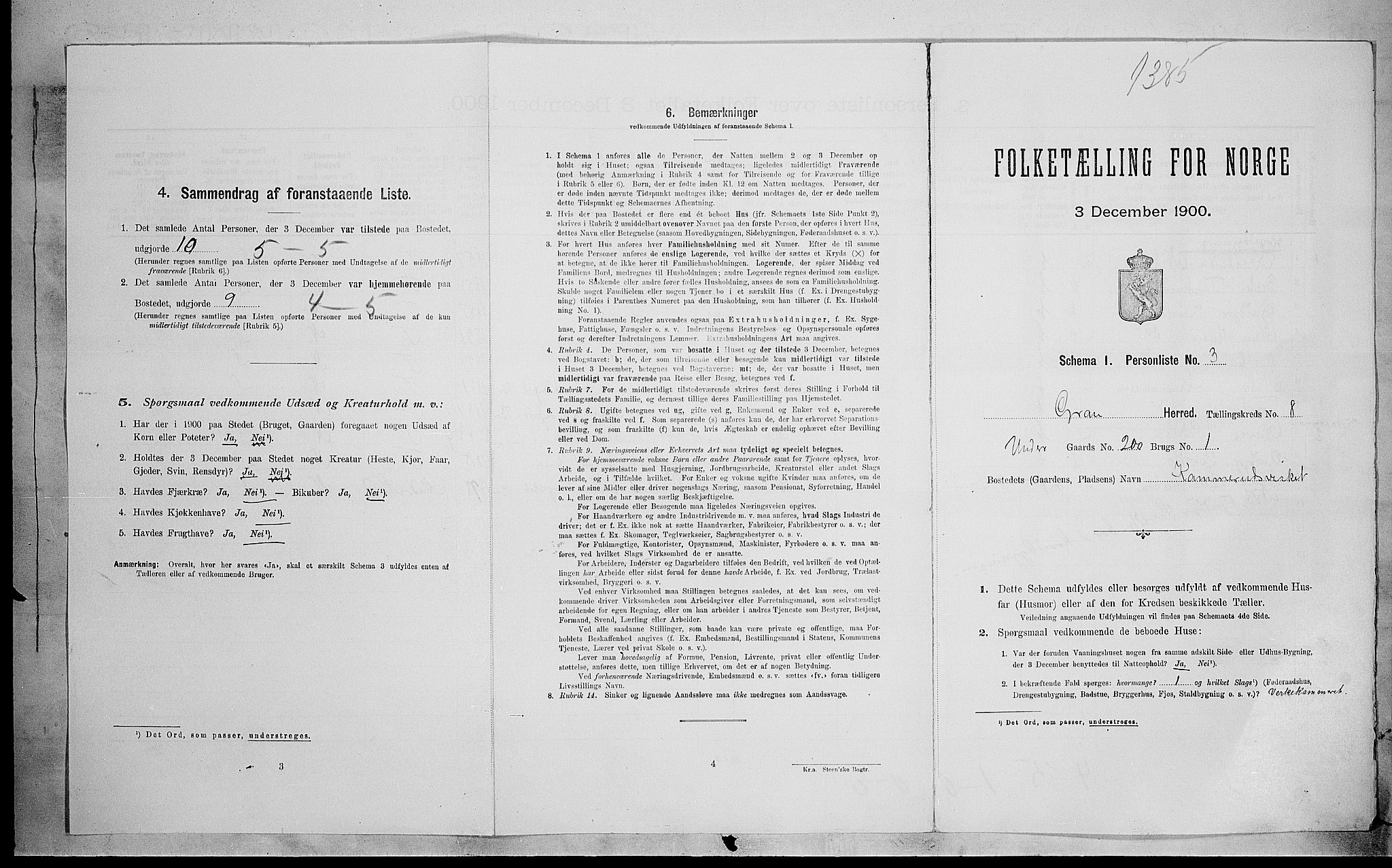 SAH, 1900 census for Gran, 1900, p. 1365