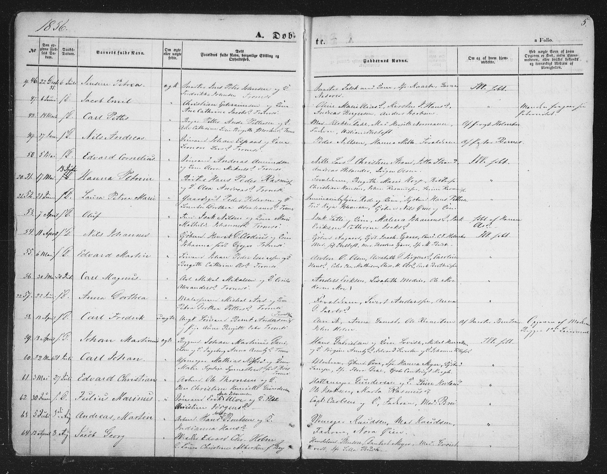 Tromsø sokneprestkontor/stiftsprosti/domprosti, SATØ/S-1343/G/Ga/L0011kirke: Parish register (official) no. 11, 1856-1865, p. 5