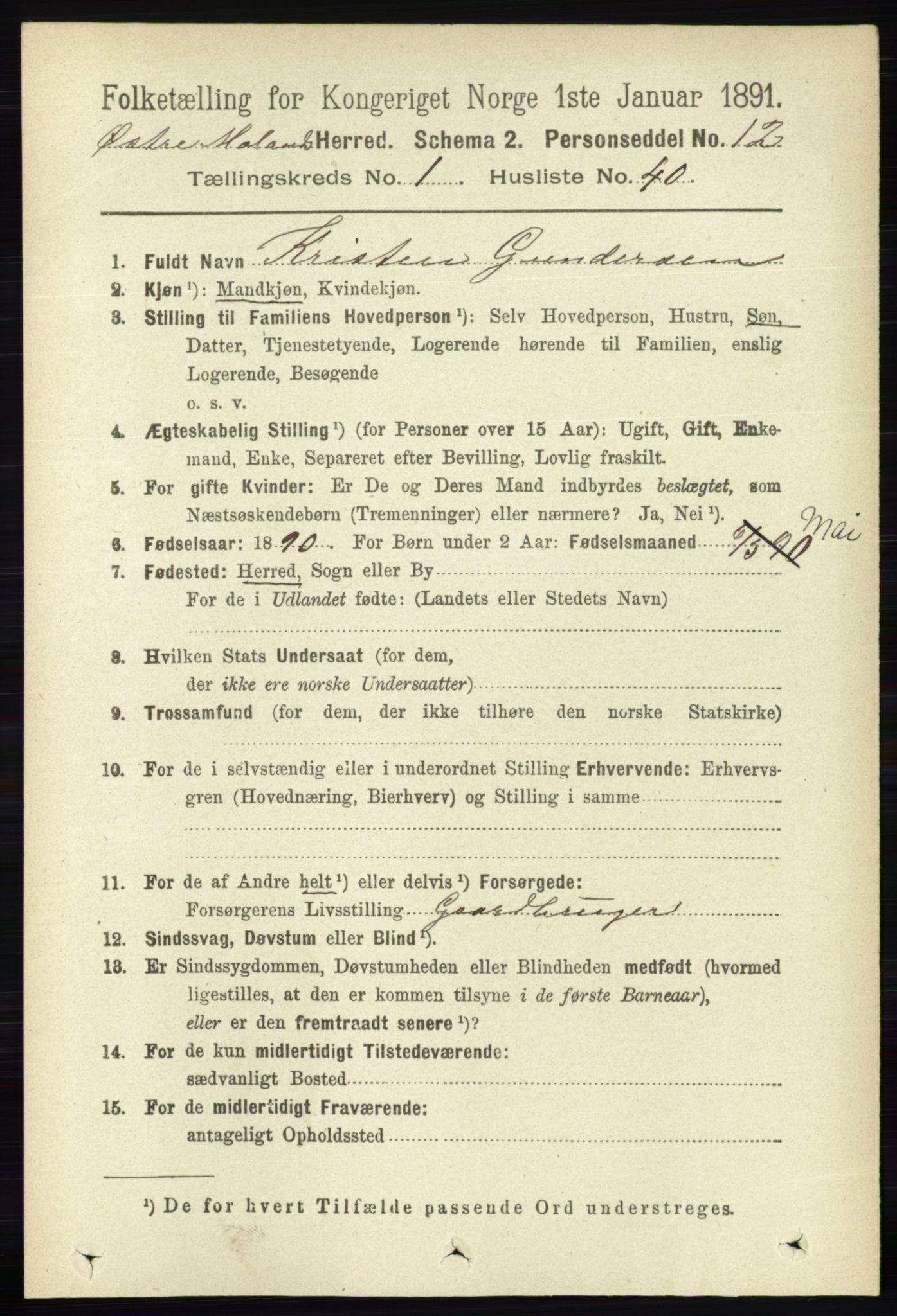 RA, 1891 census for 0918 Austre Moland, 1891, p. 345