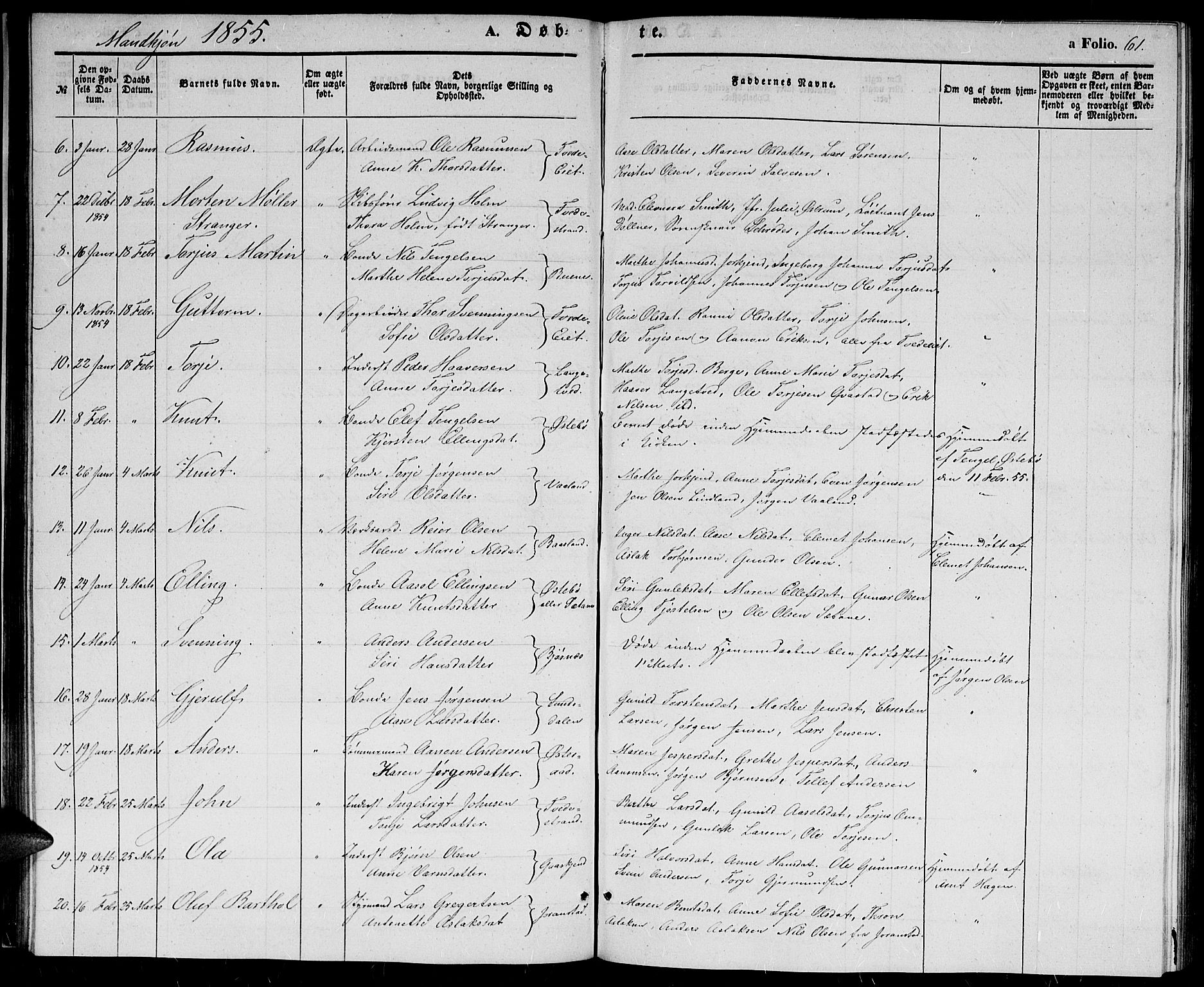Holt sokneprestkontor, SAK/1111-0021/F/Fb/L0007: Parish register (copy) no. B 7, 1849-1858, p. 61