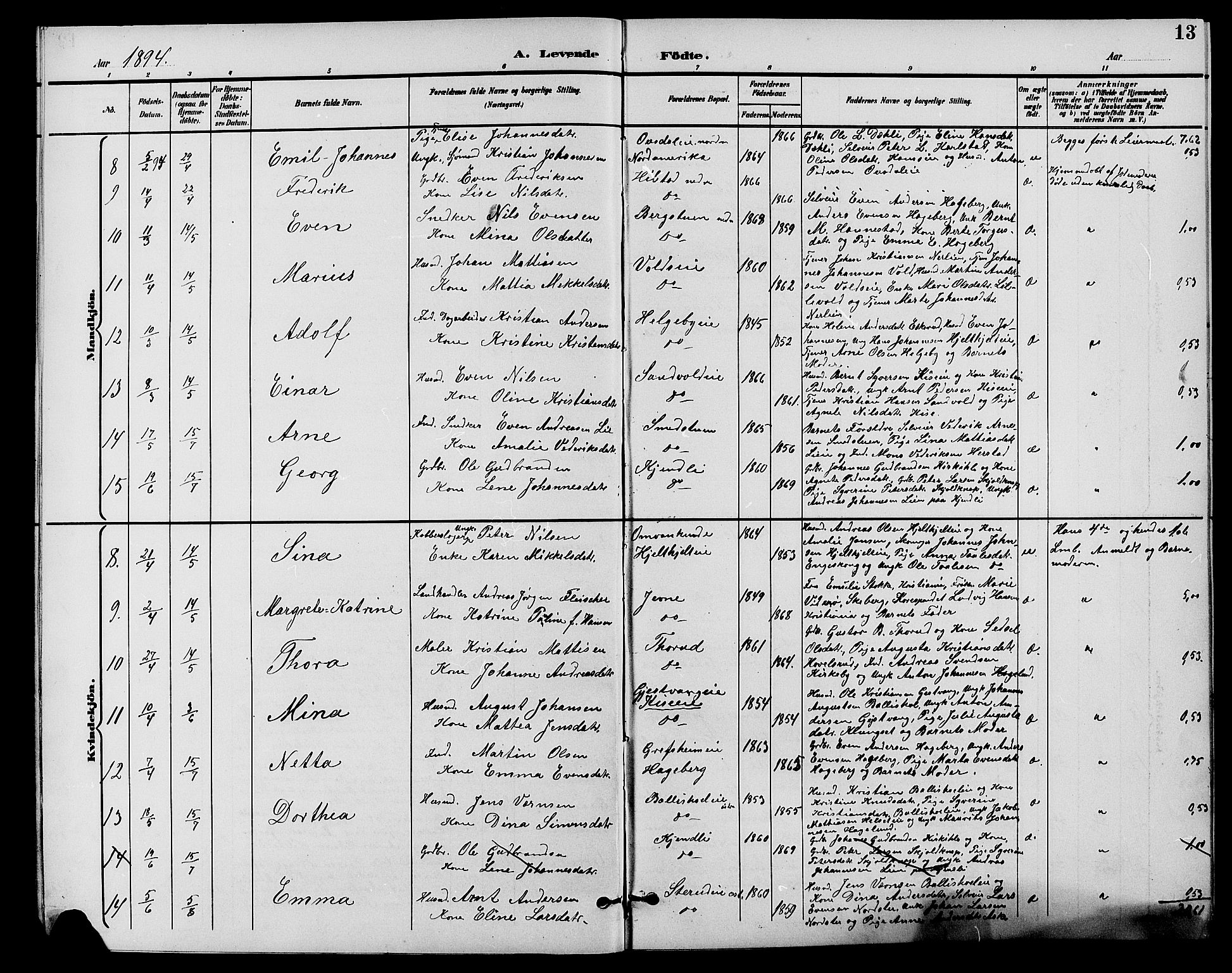 Nes prestekontor, Hedmark, AV/SAH-PREST-020/L/La/L0007: Parish register (copy) no. 7, 1892-1912, p. 13