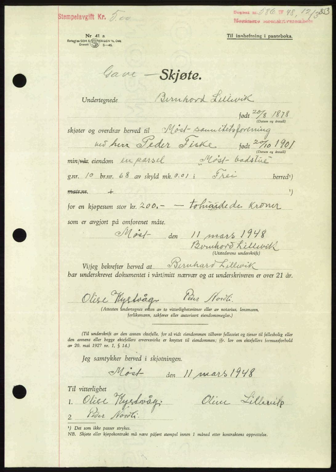 Nordmøre sorenskriveri, AV/SAT-A-4132/1/2/2Ca: Mortgage book no. A107, 1947-1948, Diary no: : 586/1948