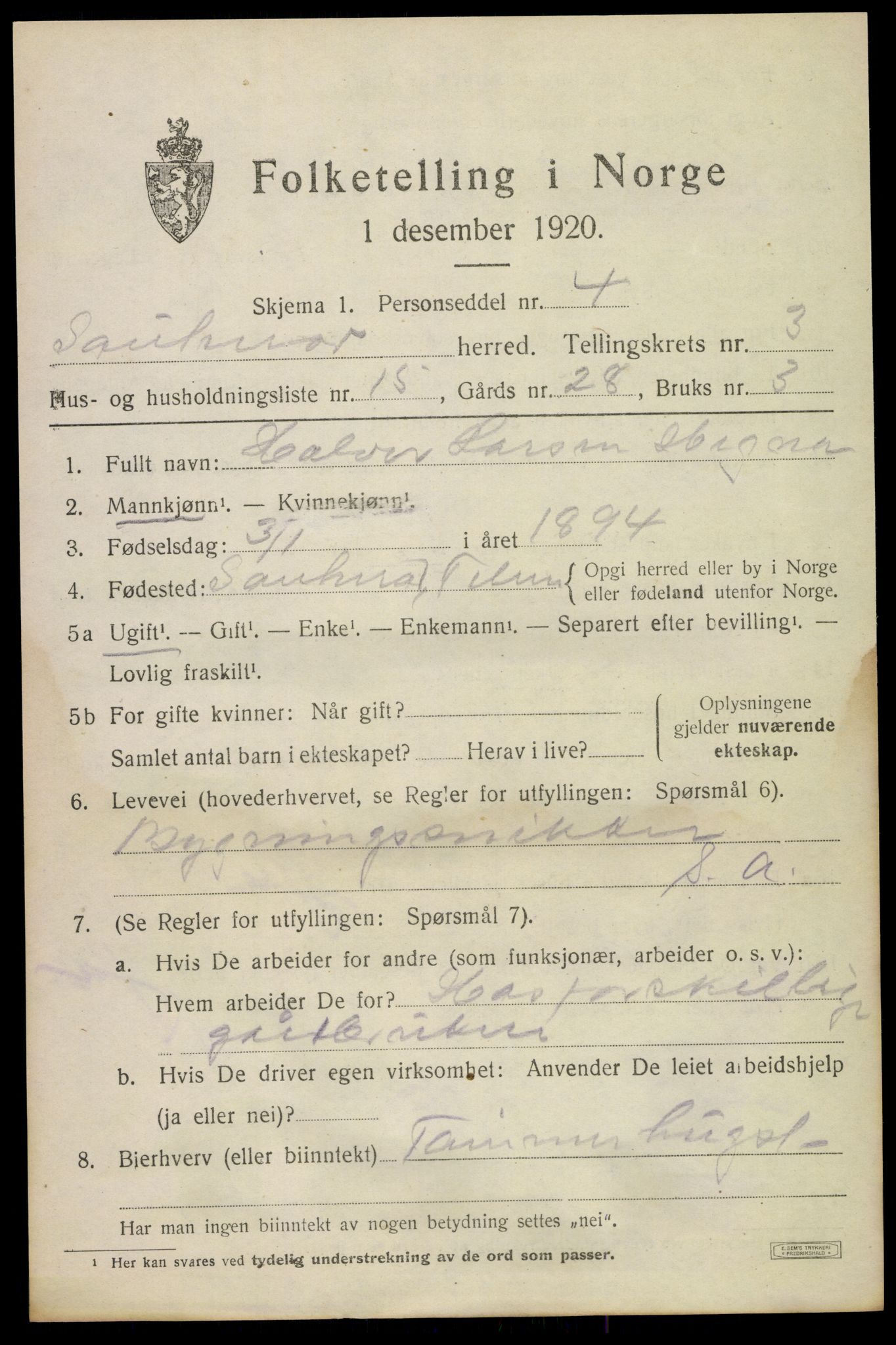 SAKO, 1920 census for Sauherad, 1920, p. 3007