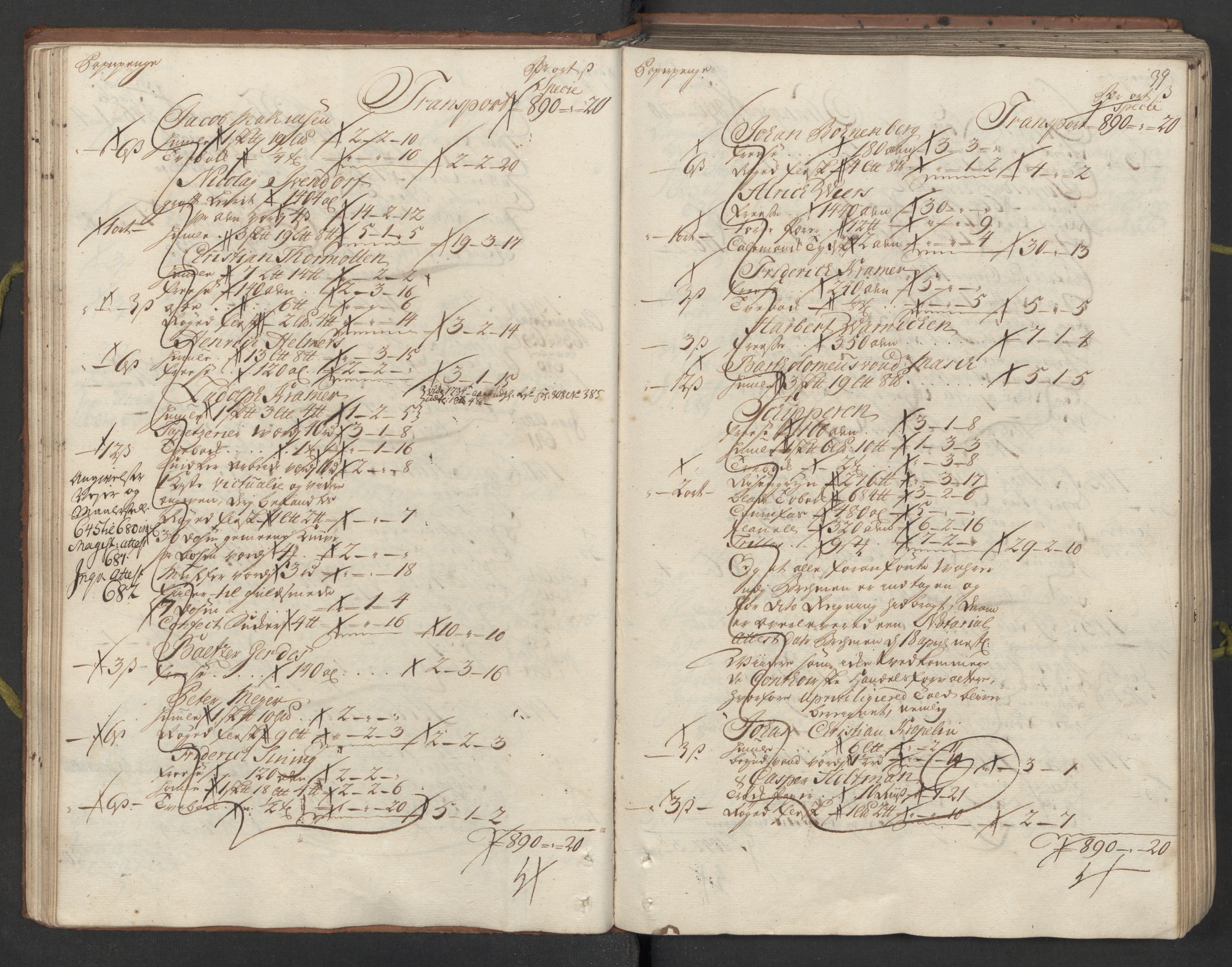 Generaltollkammeret, tollregnskaper, RA/EA-5490/R26/L0023/0001: Tollregnskaper Bergen A / Inngående hovedtollbok, 1733, p. 38b-39a