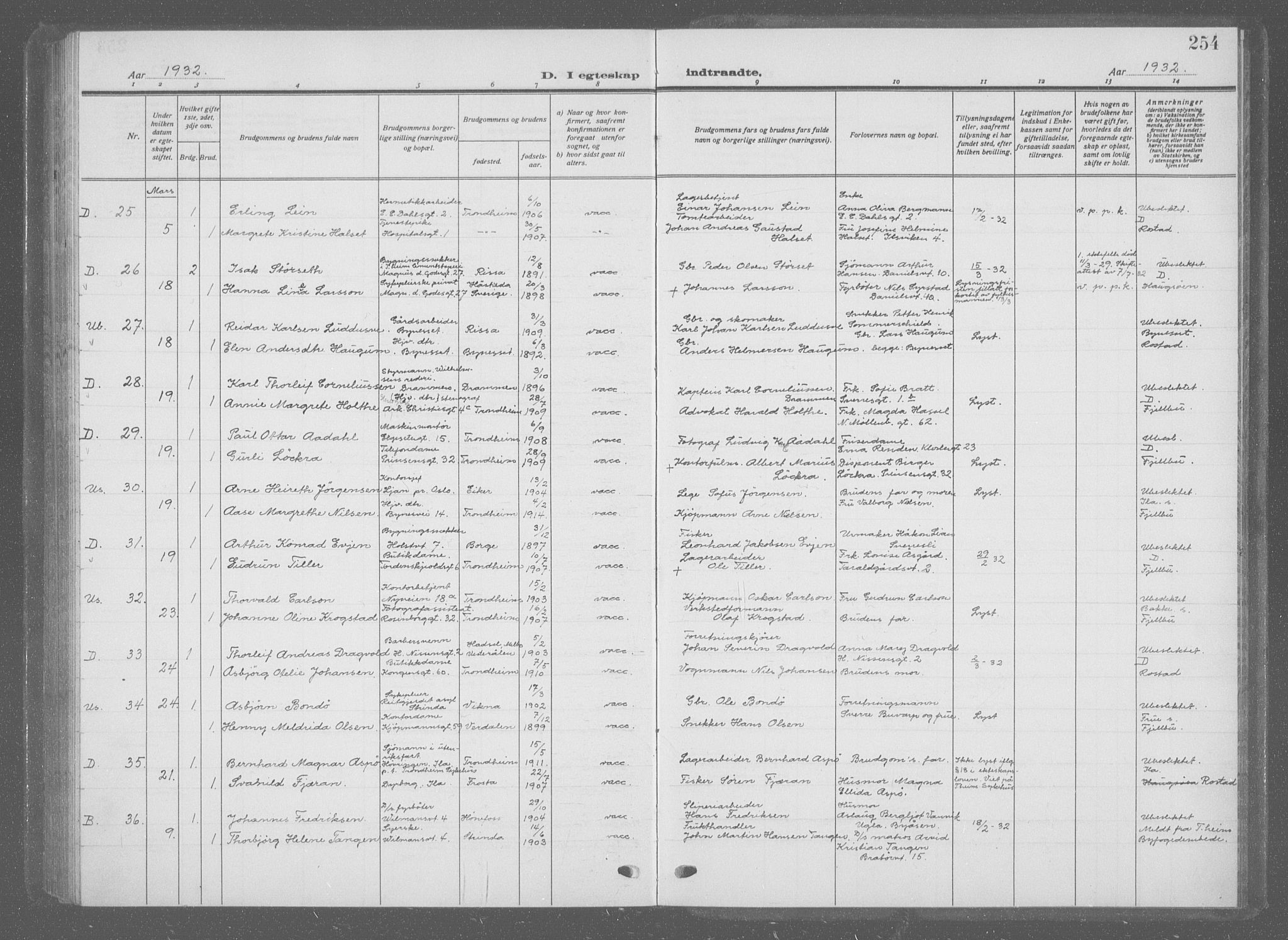 Ministerialprotokoller, klokkerbøker og fødselsregistre - Sør-Trøndelag, AV/SAT-A-1456/601/L0098: Parish register (copy) no. 601C16, 1921-1934, p. 254