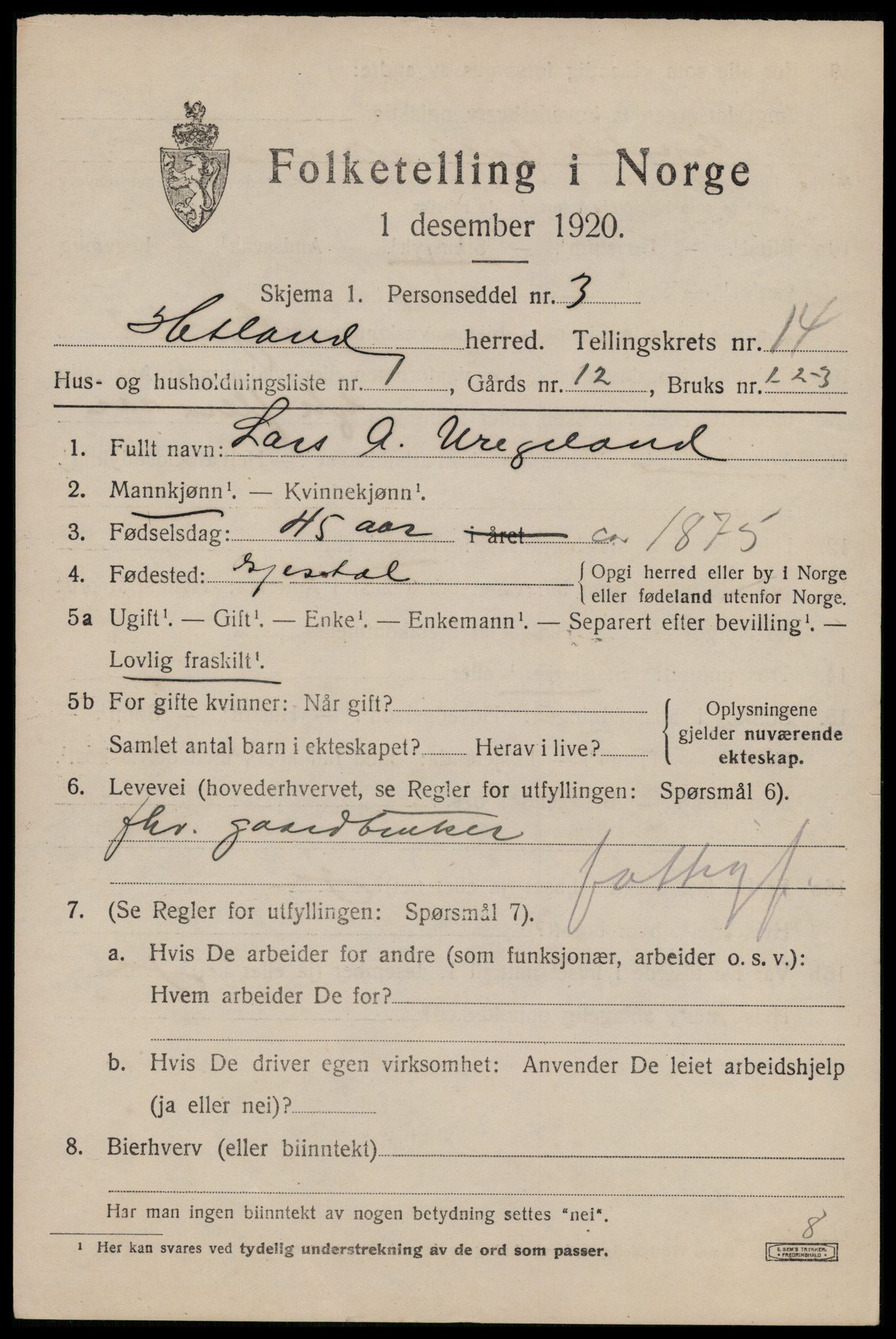 SAST, 1920 census for Hetland, 1920, p. 22217