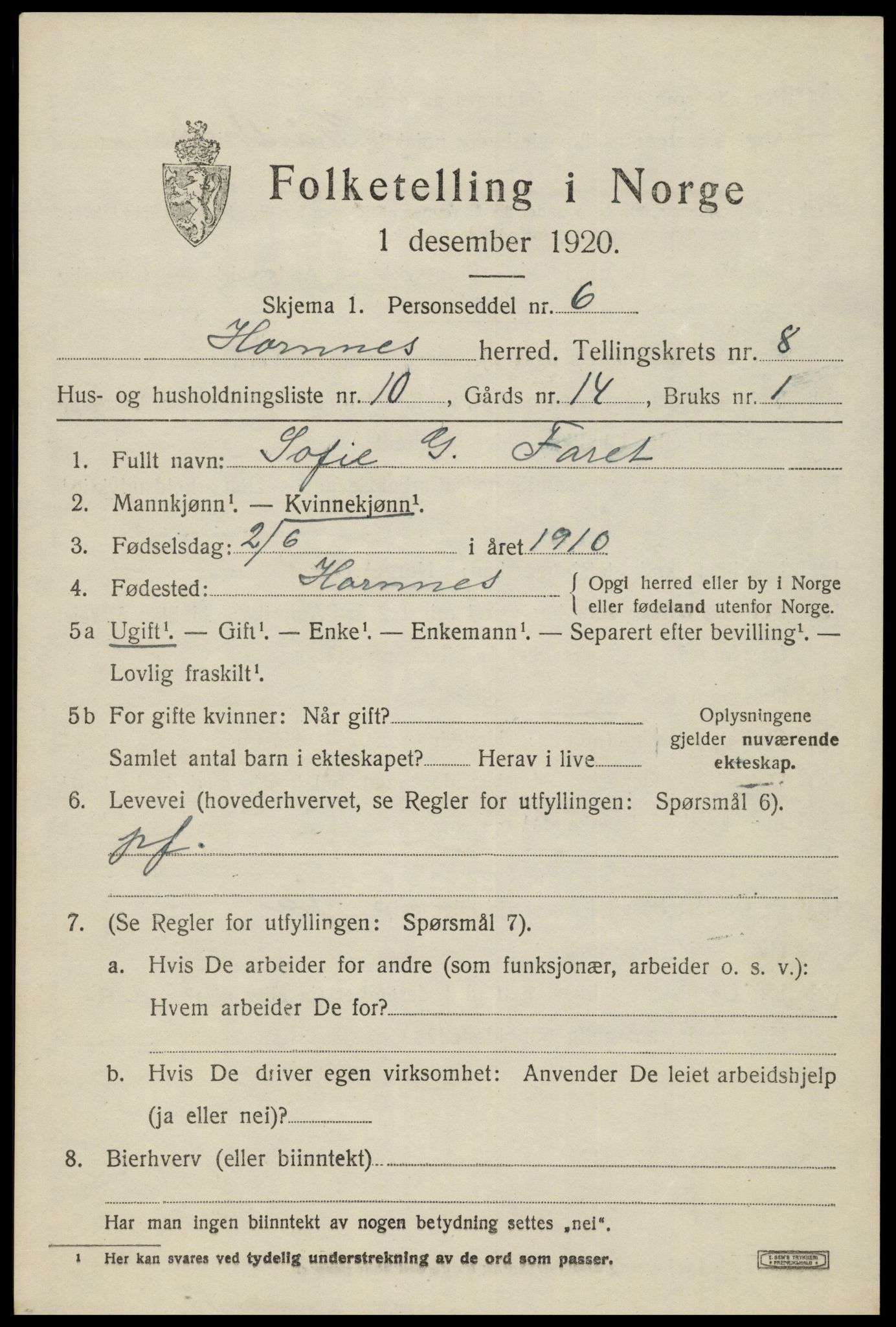 SAK, 1920 census for Hornnes, 1920, p. 1987