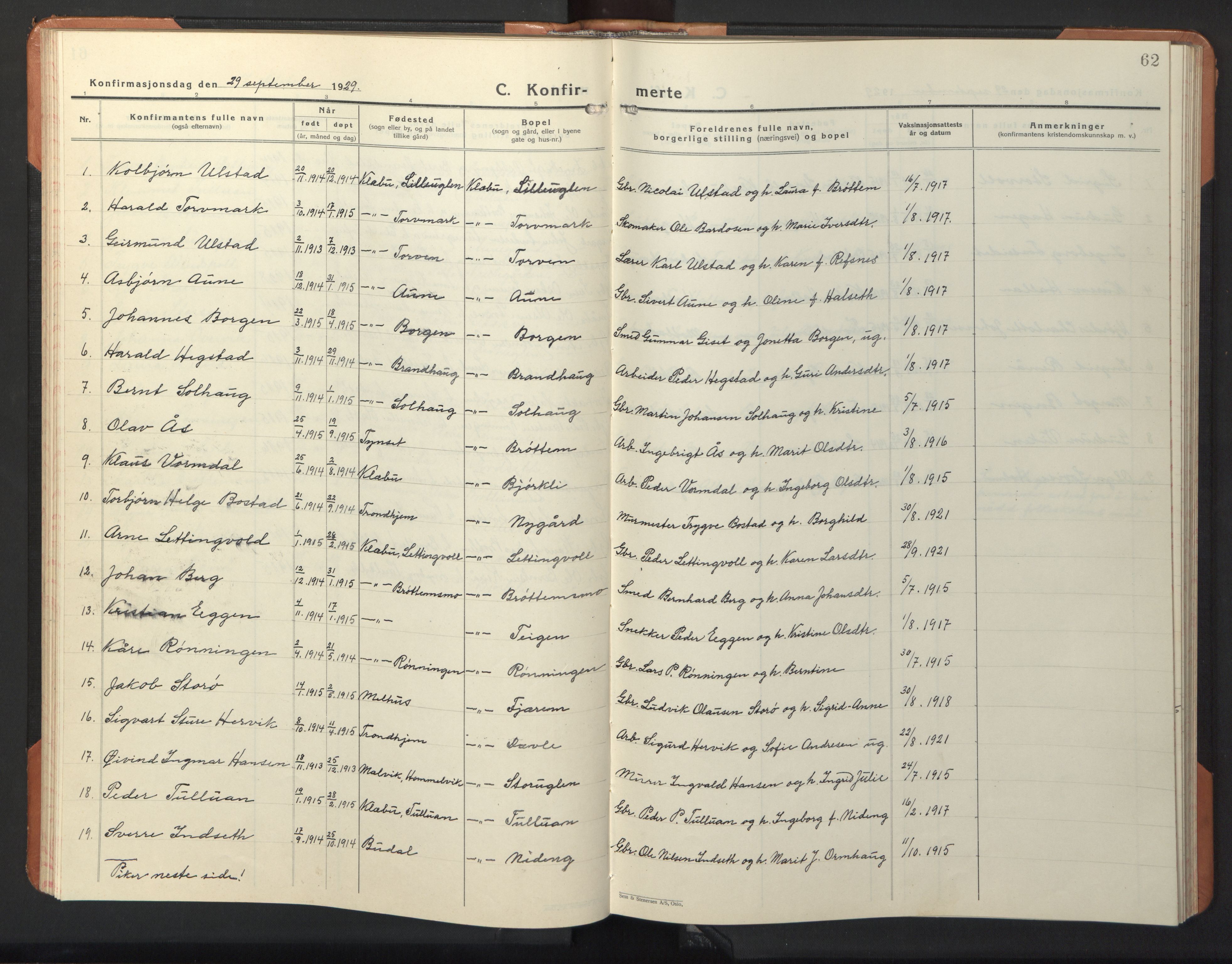 Ministerialprotokoller, klokkerbøker og fødselsregistre - Sør-Trøndelag, SAT/A-1456/618/L0454: Parish register (copy) no. 618C05, 1926-1946, p. 62