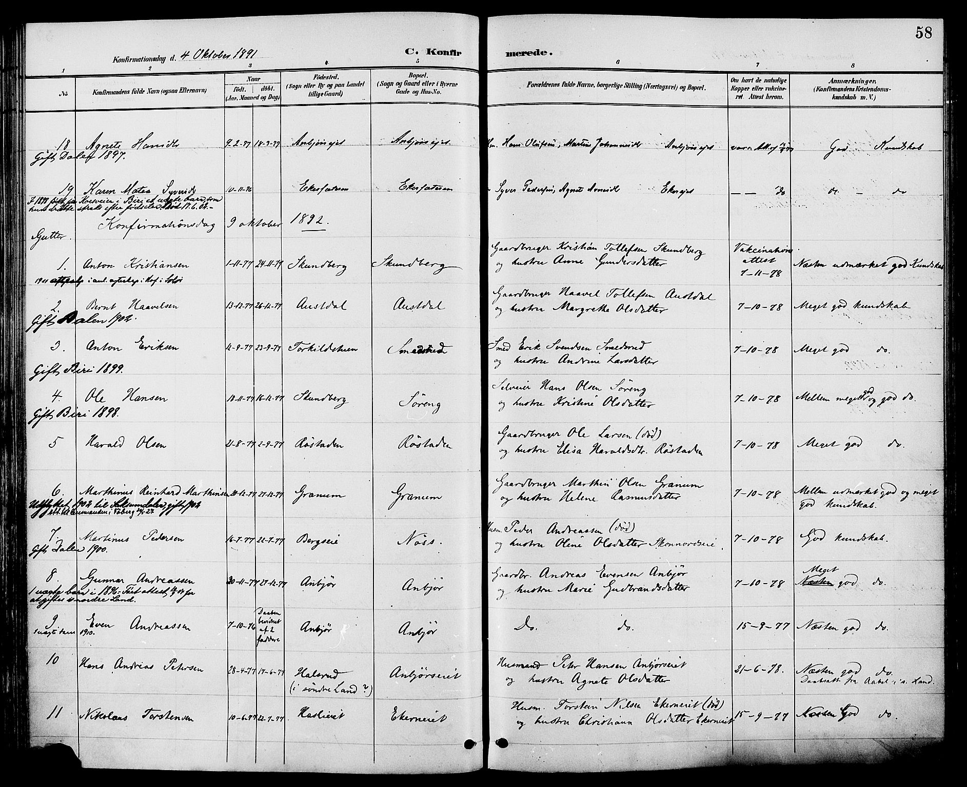 Biri prestekontor, SAH/PREST-096/H/Ha/Haa/L0007: Parish register (official) no. 7, 1887-1893, p. 58