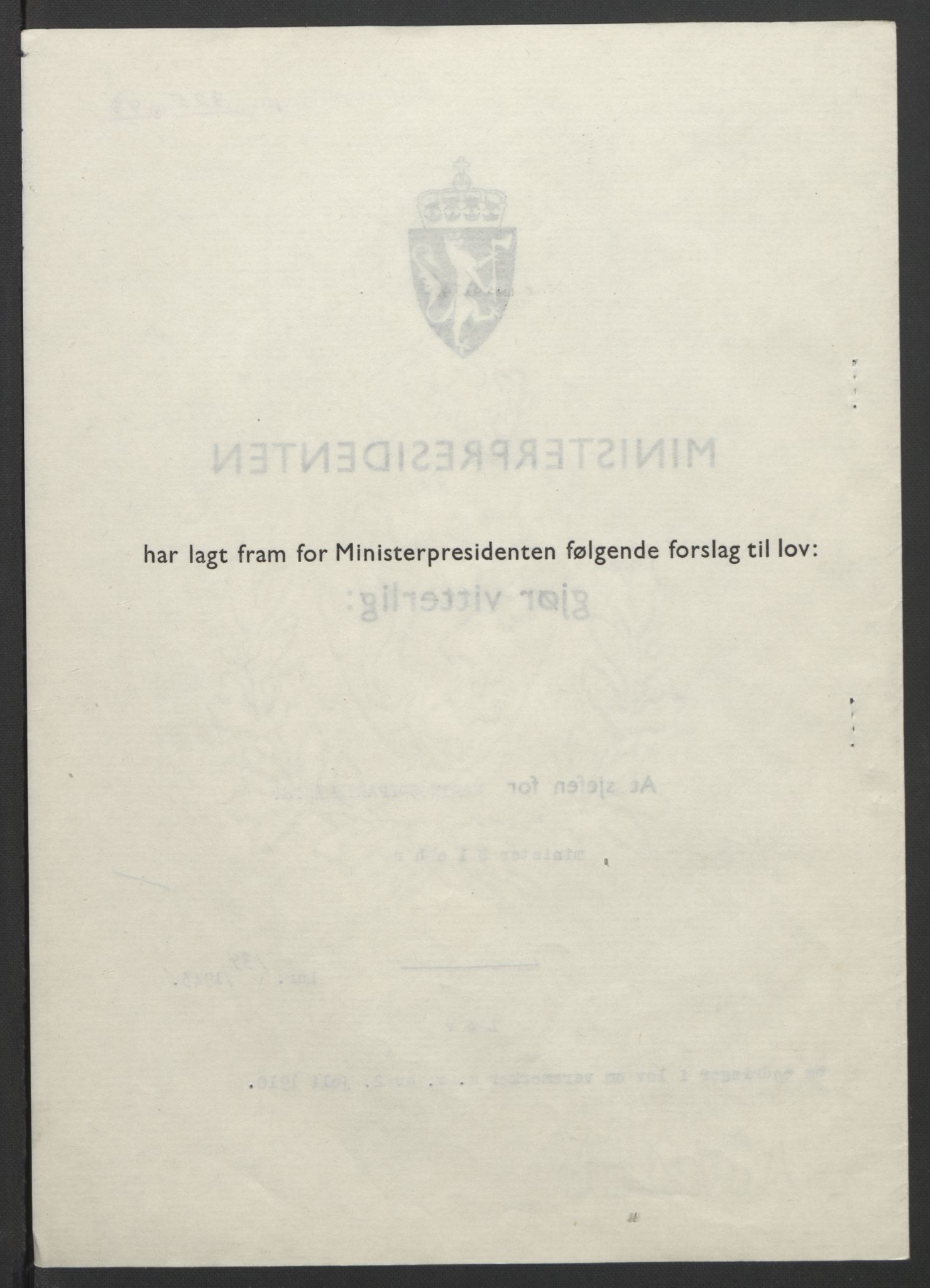 NS-administrasjonen 1940-1945 (Statsrådsekretariatet, de kommisariske statsråder mm), AV/RA-S-4279/D/Db/L0099: Lover, 1943, p. 625