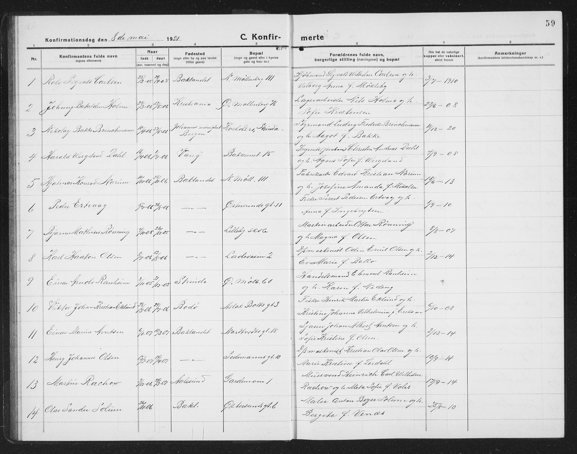 Ministerialprotokoller, klokkerbøker og fødselsregistre - Sør-Trøndelag, SAT/A-1456/605/L0258: Parish register (copy) no. 605C05, 1918-1930, p. 59