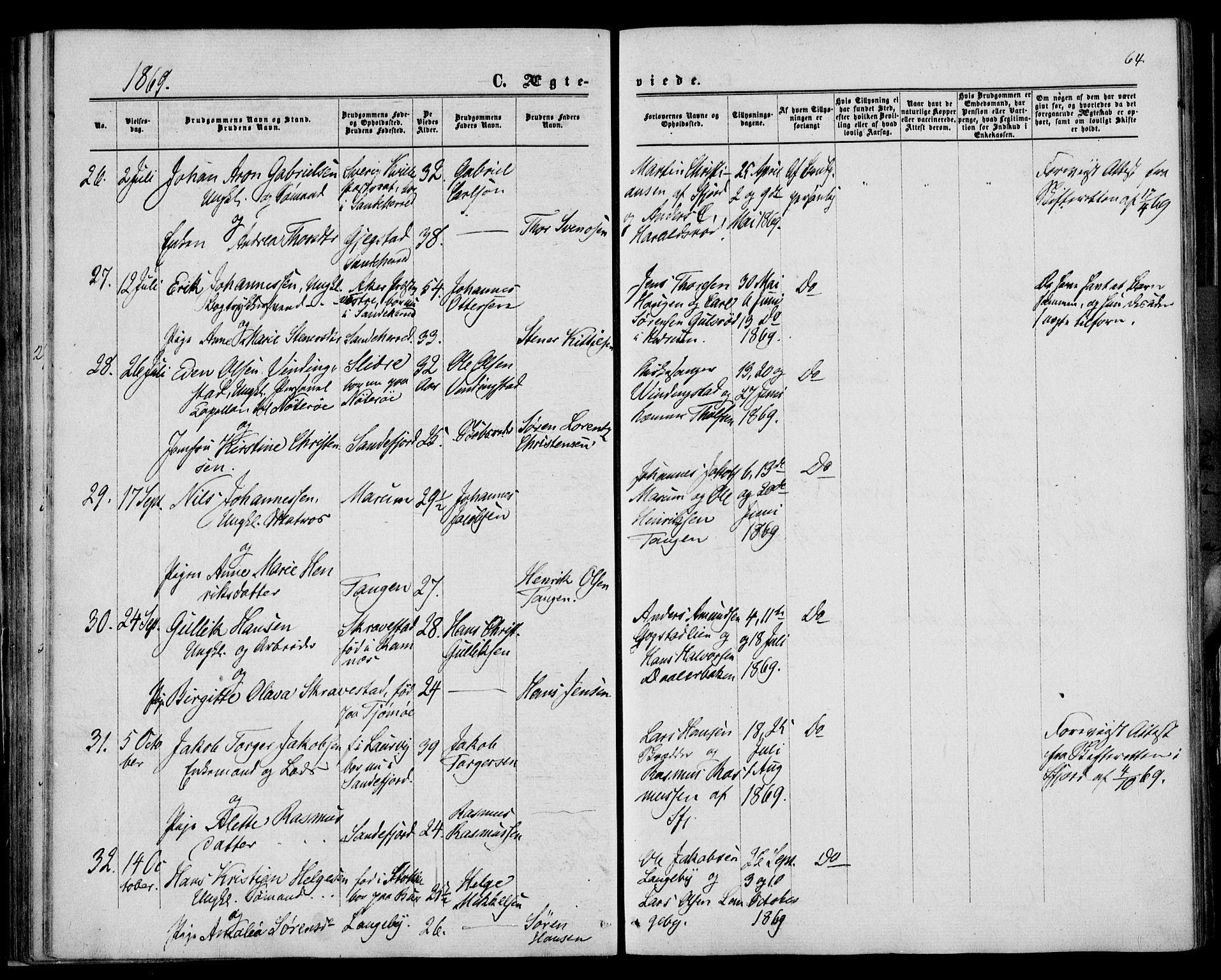 Sandar kirkebøker, SAKO/A-243/F/Fa/L0009: Parish register (official) no. 9, 1862-1871, p. 64