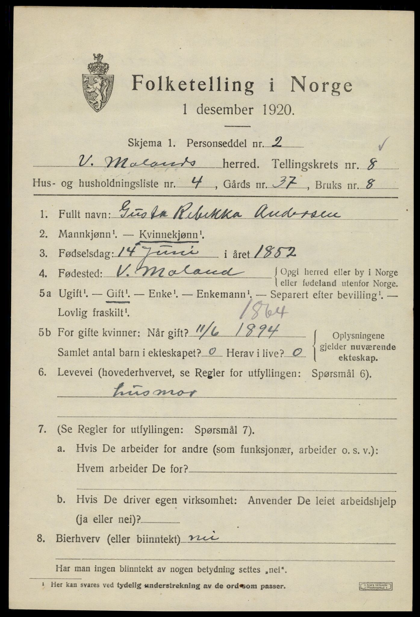 SAK, 1920 census for Vestre Moland, 1920, p. 5237