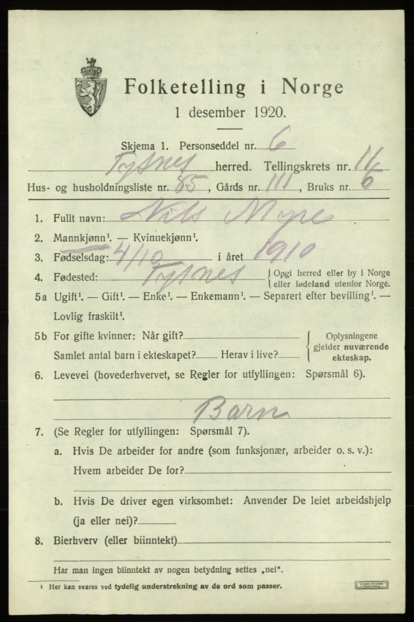 SAB, 1920 census for Tysnes, 1920, p. 8450