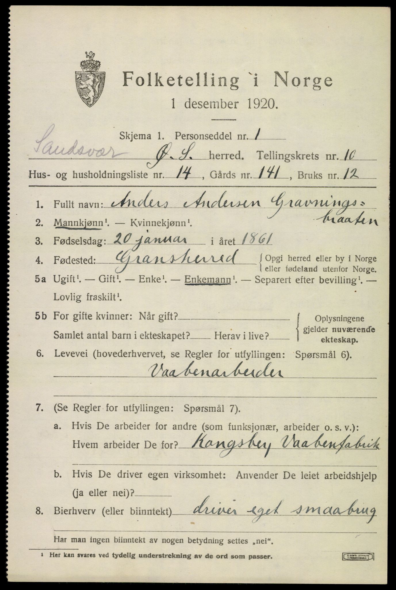 SAKO, 1920 census for Øvre Sandsvær, 1920, p. 5696