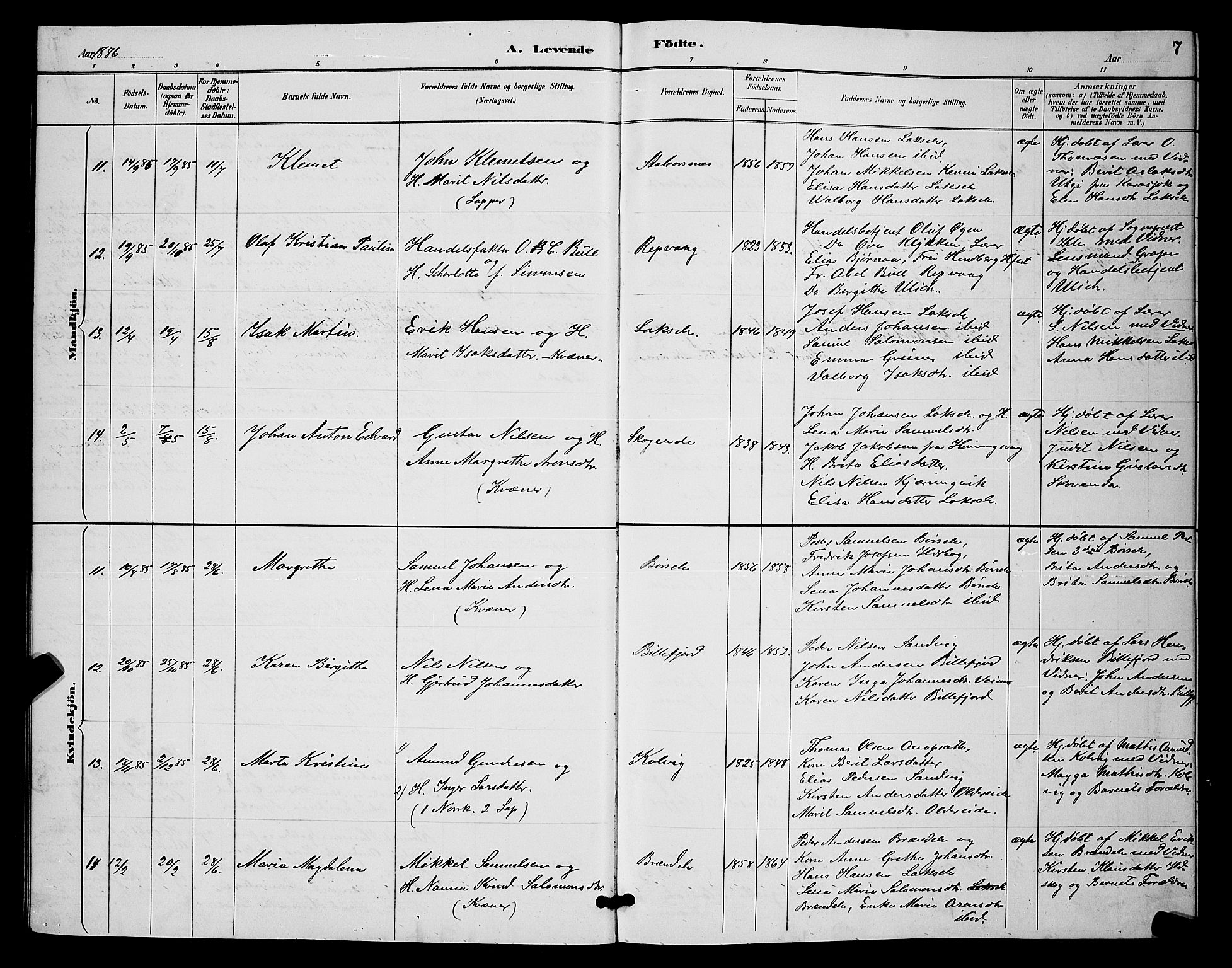 Kistrand/Porsanger sokneprestembete, AV/SATØ-S-1351/H/Hb/L0004.klokk: Parish register (copy) no. 4, 1885-1894, p. 7