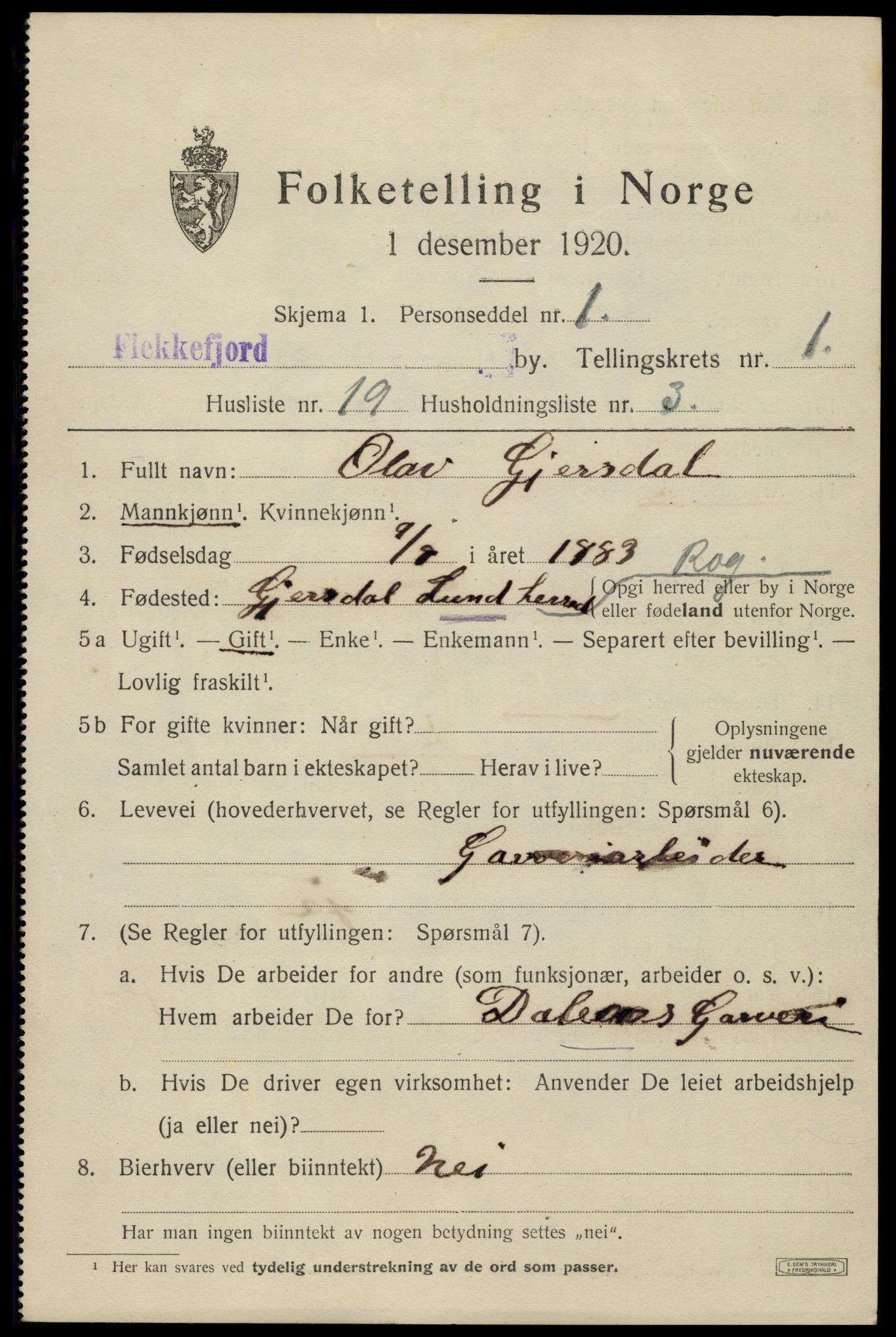 SAK, 1920 census for Flekkefjord, 1920, p. 2080