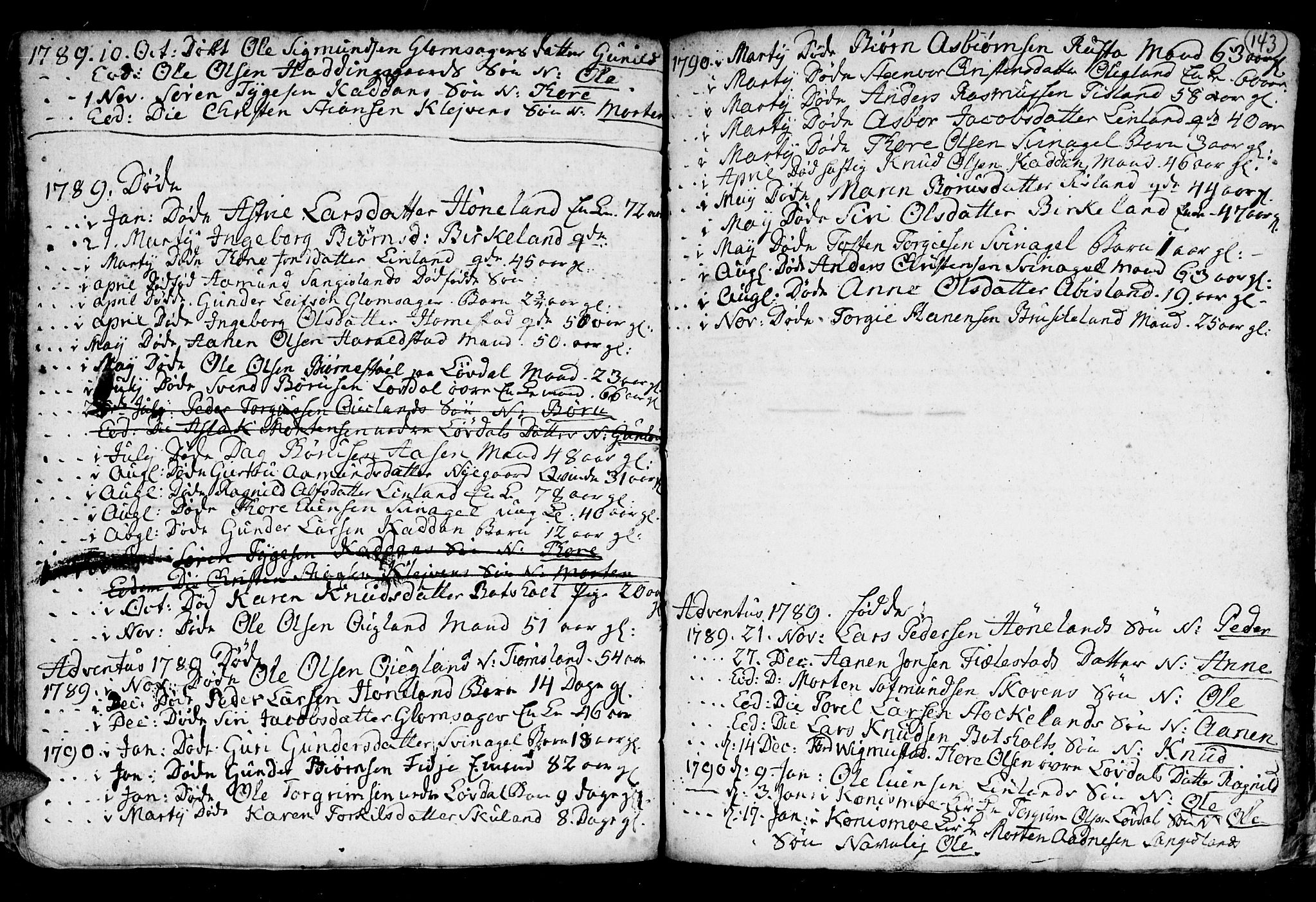 Holum sokneprestkontor, SAK/1111-0022/F/Fb/Fba/L0001: Parish register (copy) no. B 1 /3, 1770-1802, p. 143