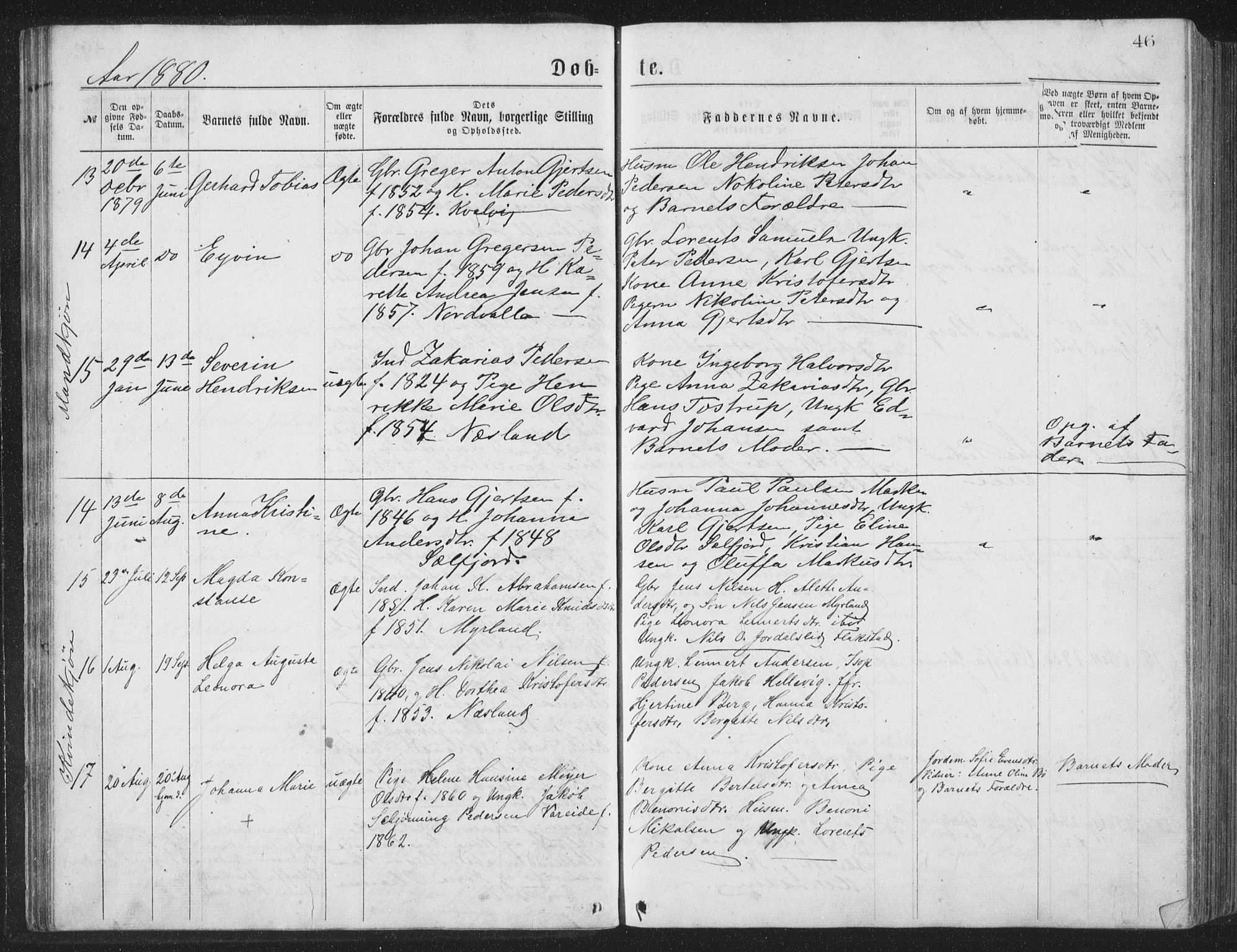 Ministerialprotokoller, klokkerbøker og fødselsregistre - Nordland, AV/SAT-A-1459/885/L1213: Parish register (copy) no. 885C02, 1874-1892, p. 46