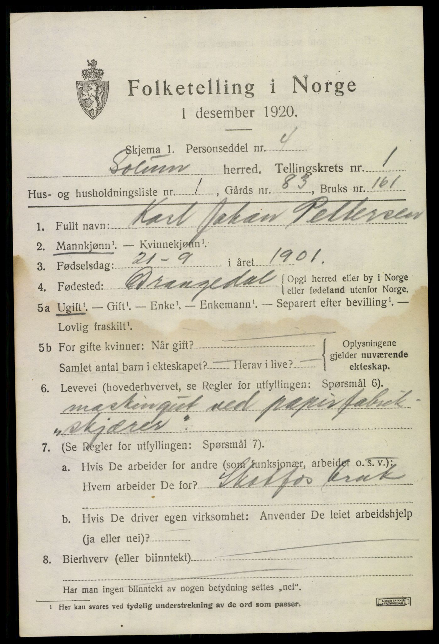 SAKO, 1920 census for Solum, 1920, p. 2252