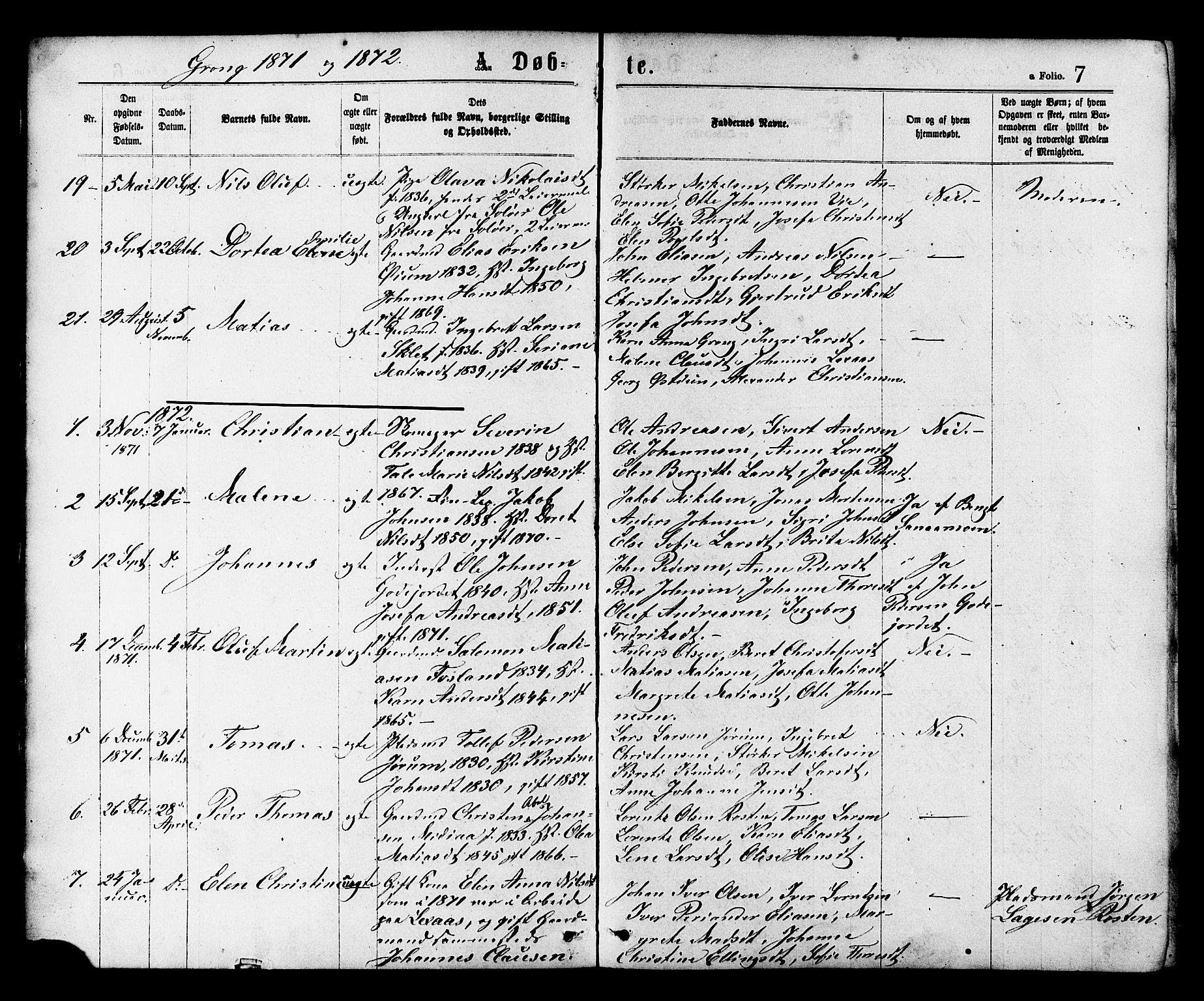 Ministerialprotokoller, klokkerbøker og fødselsregistre - Nord-Trøndelag, SAT/A-1458/758/L0516: Parish register (official) no. 758A03 /1, 1869-1879, p. 7