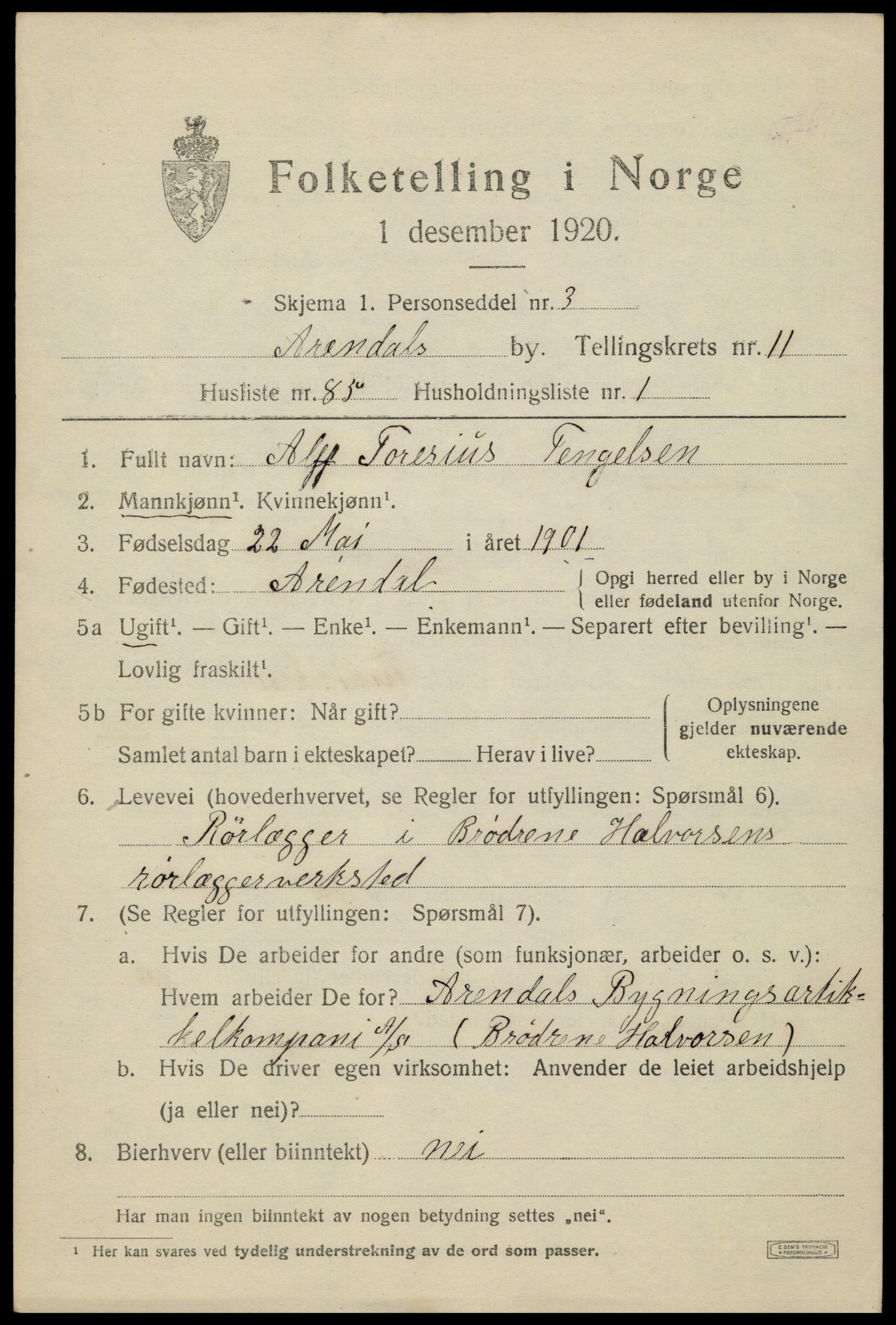 SAK, 1920 census for Arendal, 1920, p. 19042