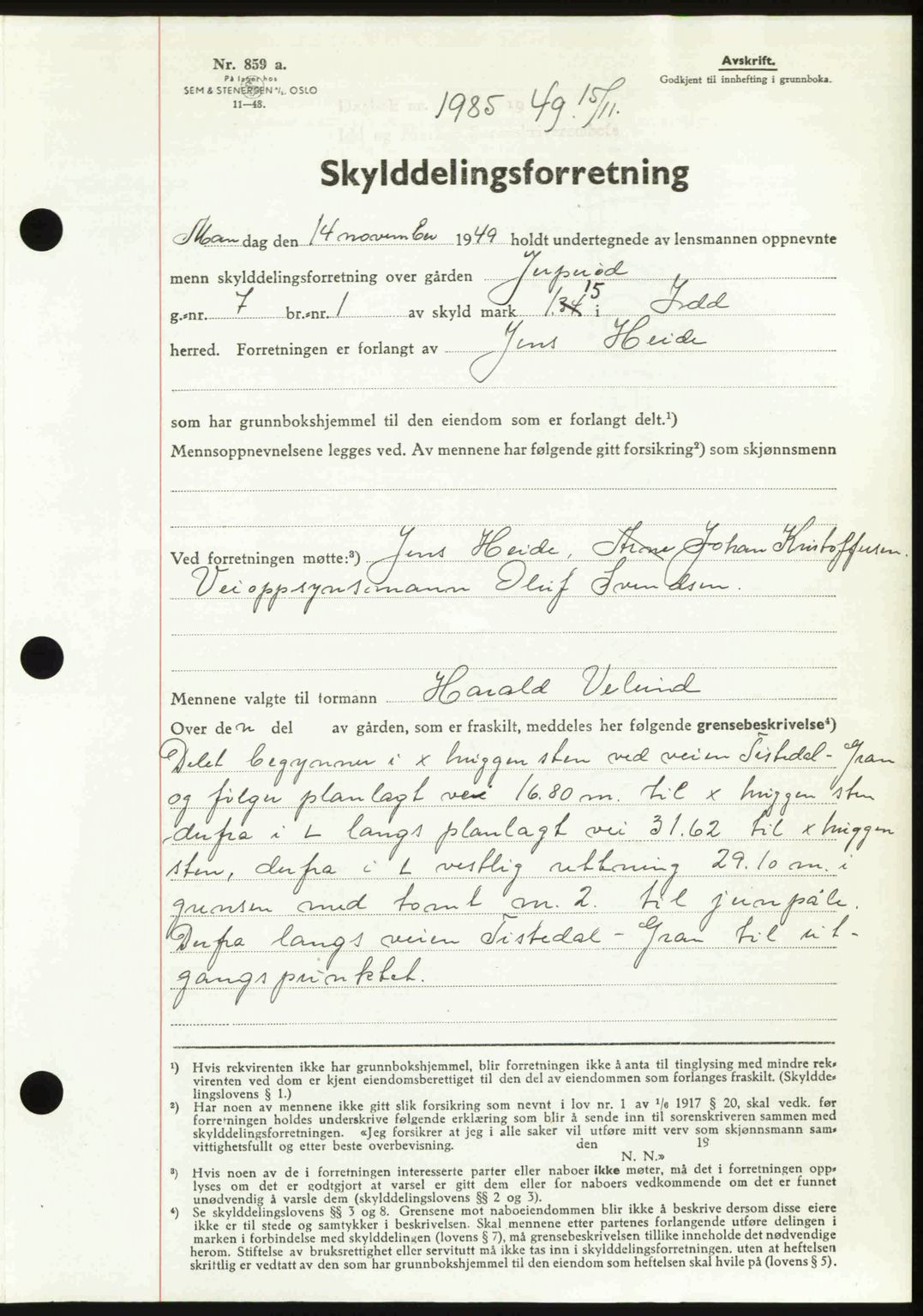 Idd og Marker sorenskriveri, AV/SAO-A-10283/G/Gb/Gbb/L0013: Mortgage book no. A13, 1949-1950, Diary no: : 1985/1949