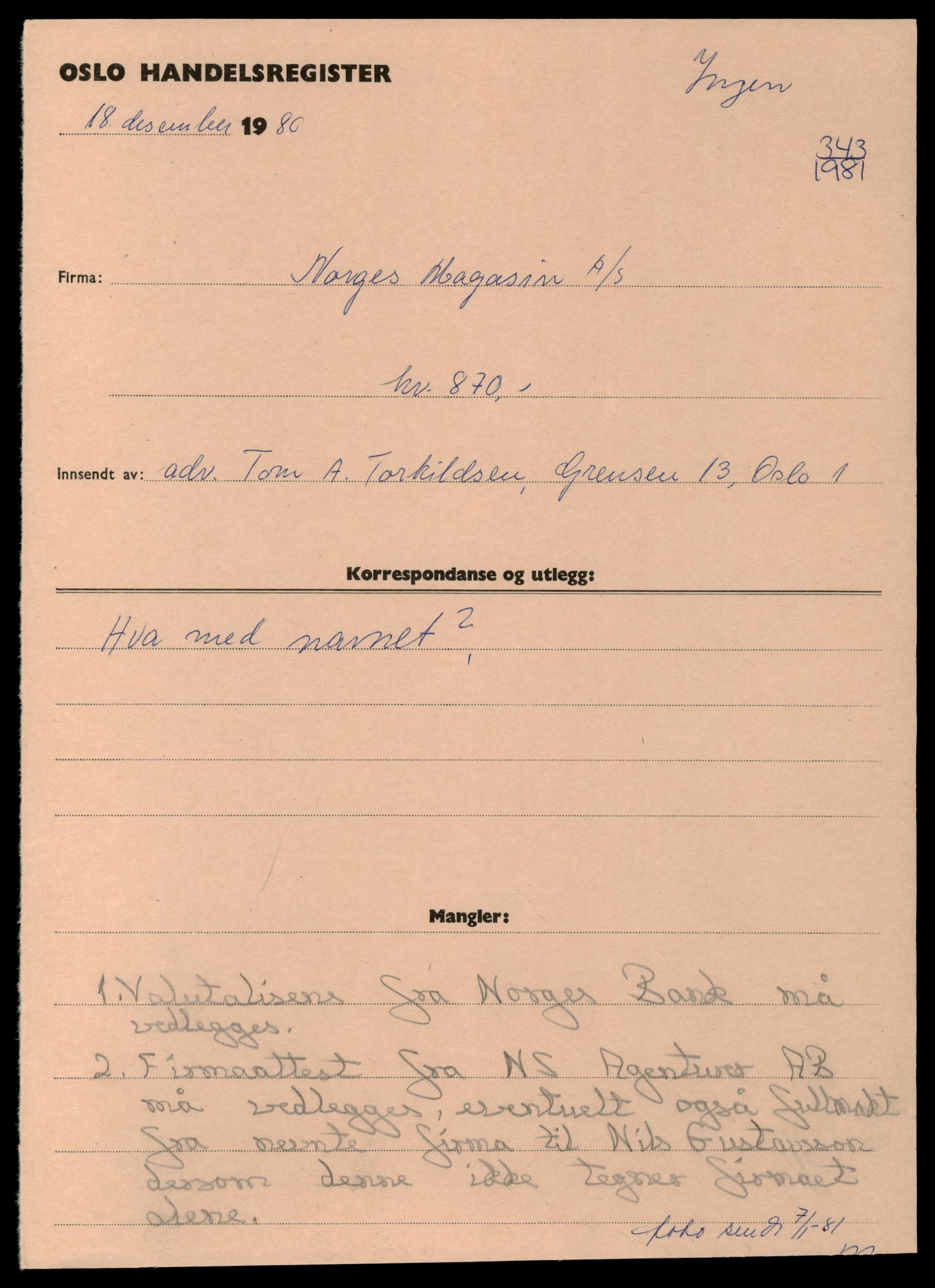 Oslo byfogd, Handelsregisteret, SAT/A-10867/G/Gc/Gca/L0562: Ikke konverterte foretak, Norges M-Noric, 1890-1990, p. 1
