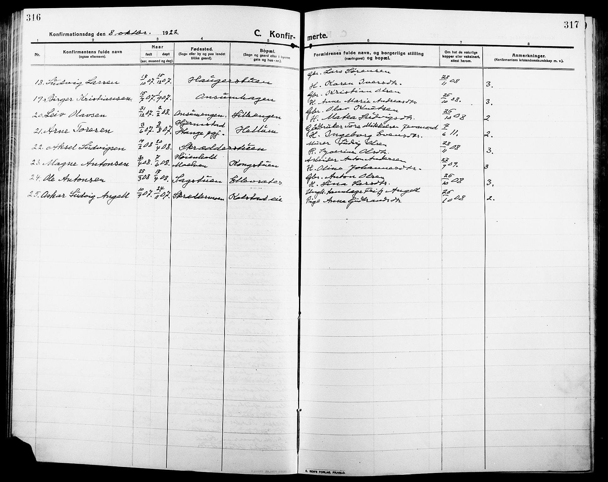 Ringsaker prestekontor, SAH/PREST-014/L/La/L0018: Parish register (copy) no. 18, 1913-1922, p. 316-317