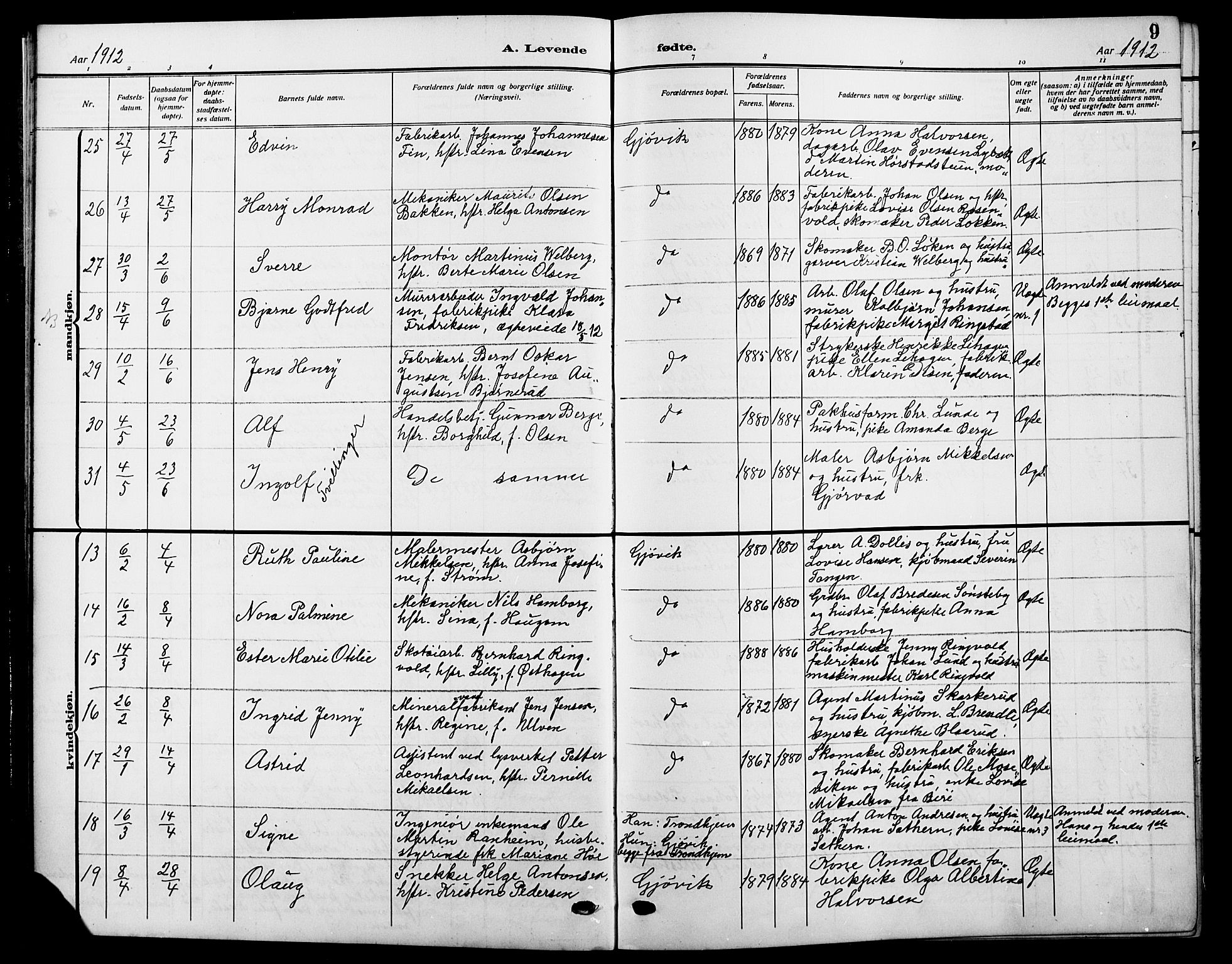 Vardal prestekontor, AV/SAH-PREST-100/H/Ha/Hab/L0014: Parish register (copy) no. 14, 1911-1922, p. 9