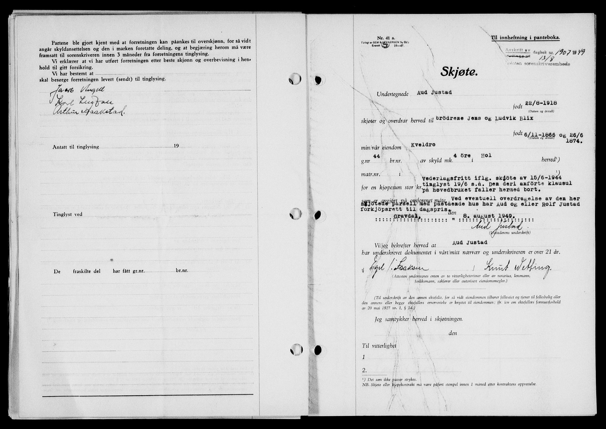 Lofoten sorenskriveri, SAT/A-0017/1/2/2C/L0021a: Mortgage book no. 21a, 1949-1949, Diary no: : 1907/1949