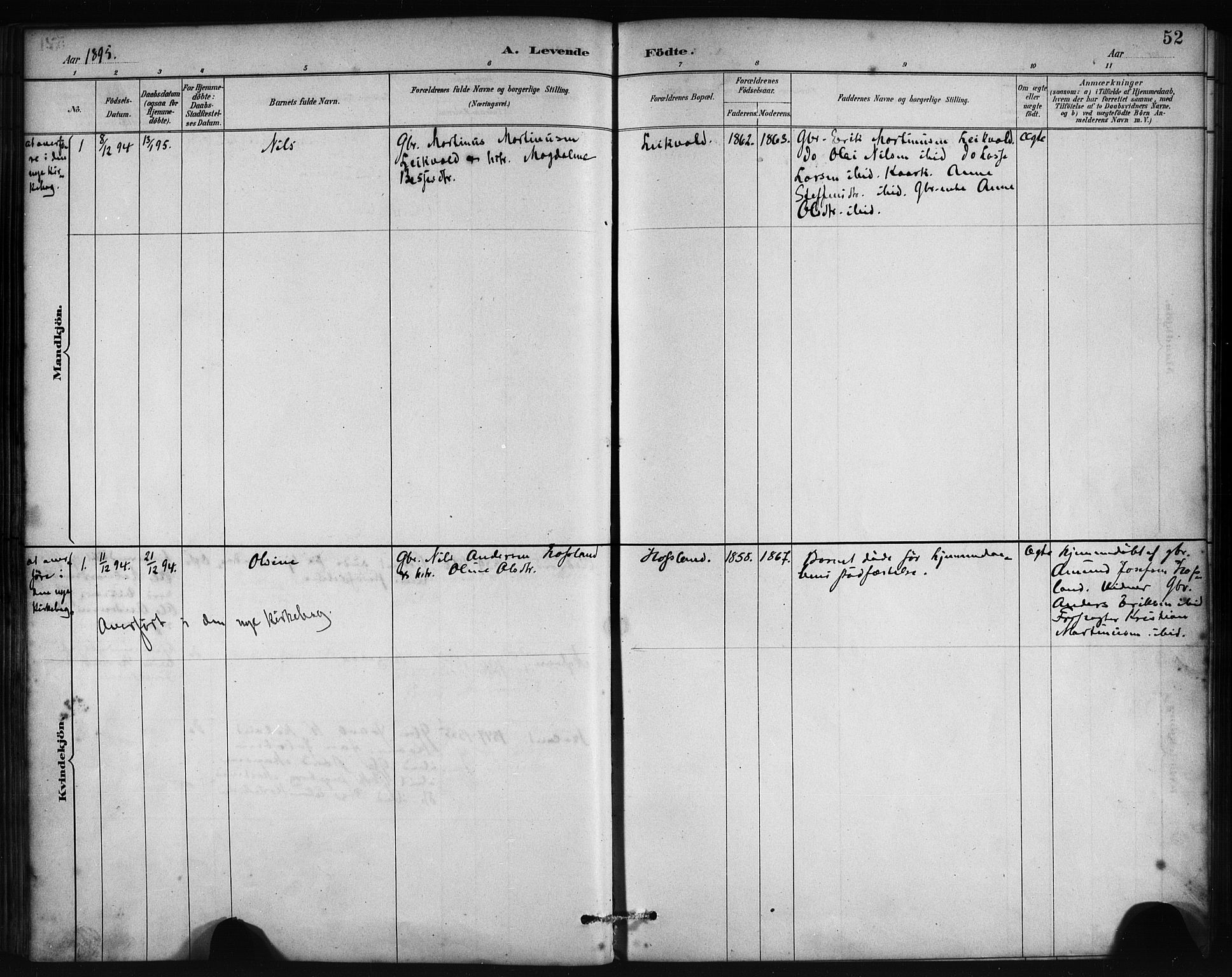 Lindås Sokneprestembete, AV/SAB-A-76701/H/Haa/Haac/L0001: Parish register (official) no. C 1, 1886-1896, p. 52