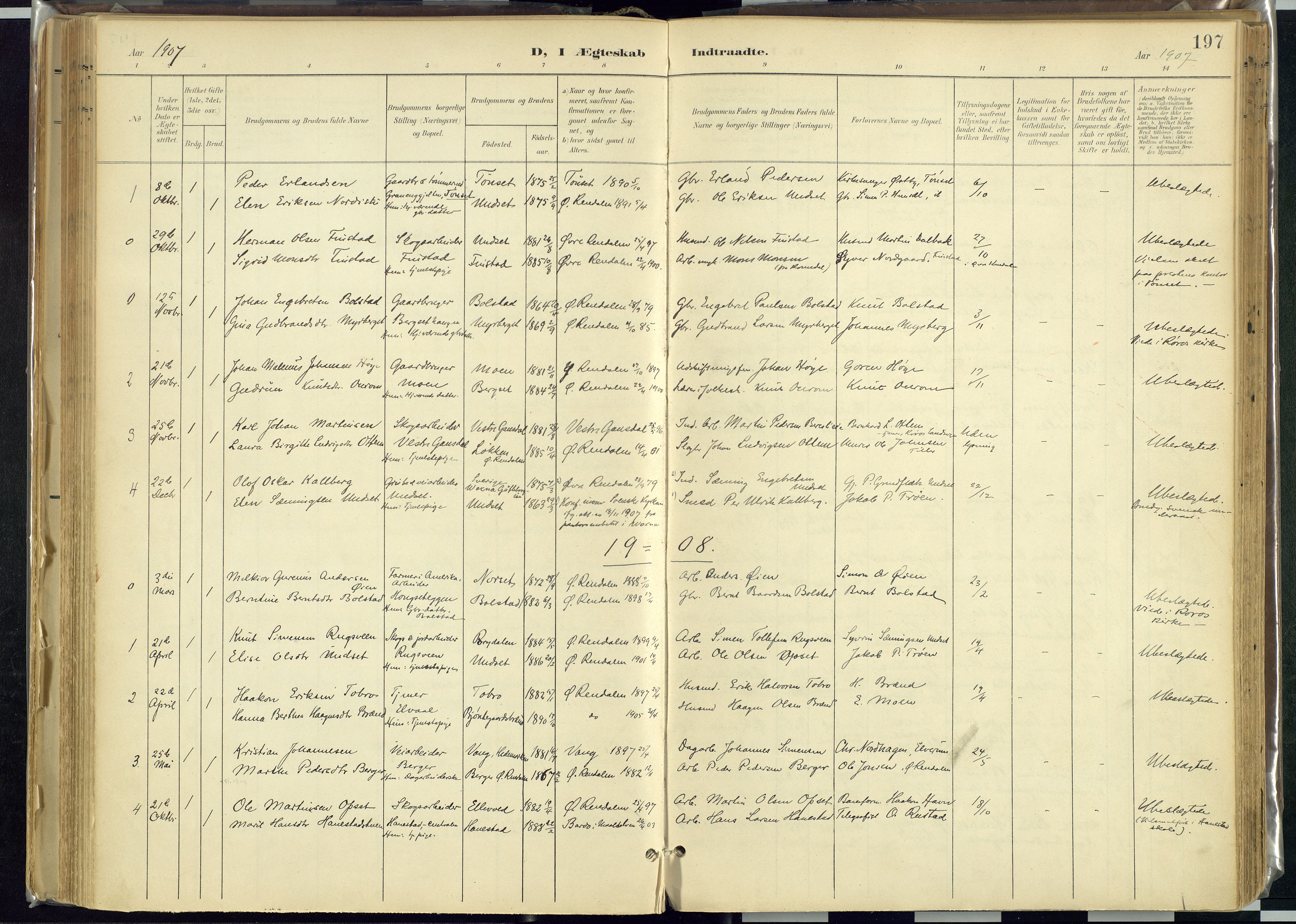 Rendalen prestekontor, SAH/PREST-054/H/Ha/Haa/L0012: Parish register (official) no. 12, 1901-1928, p. 197