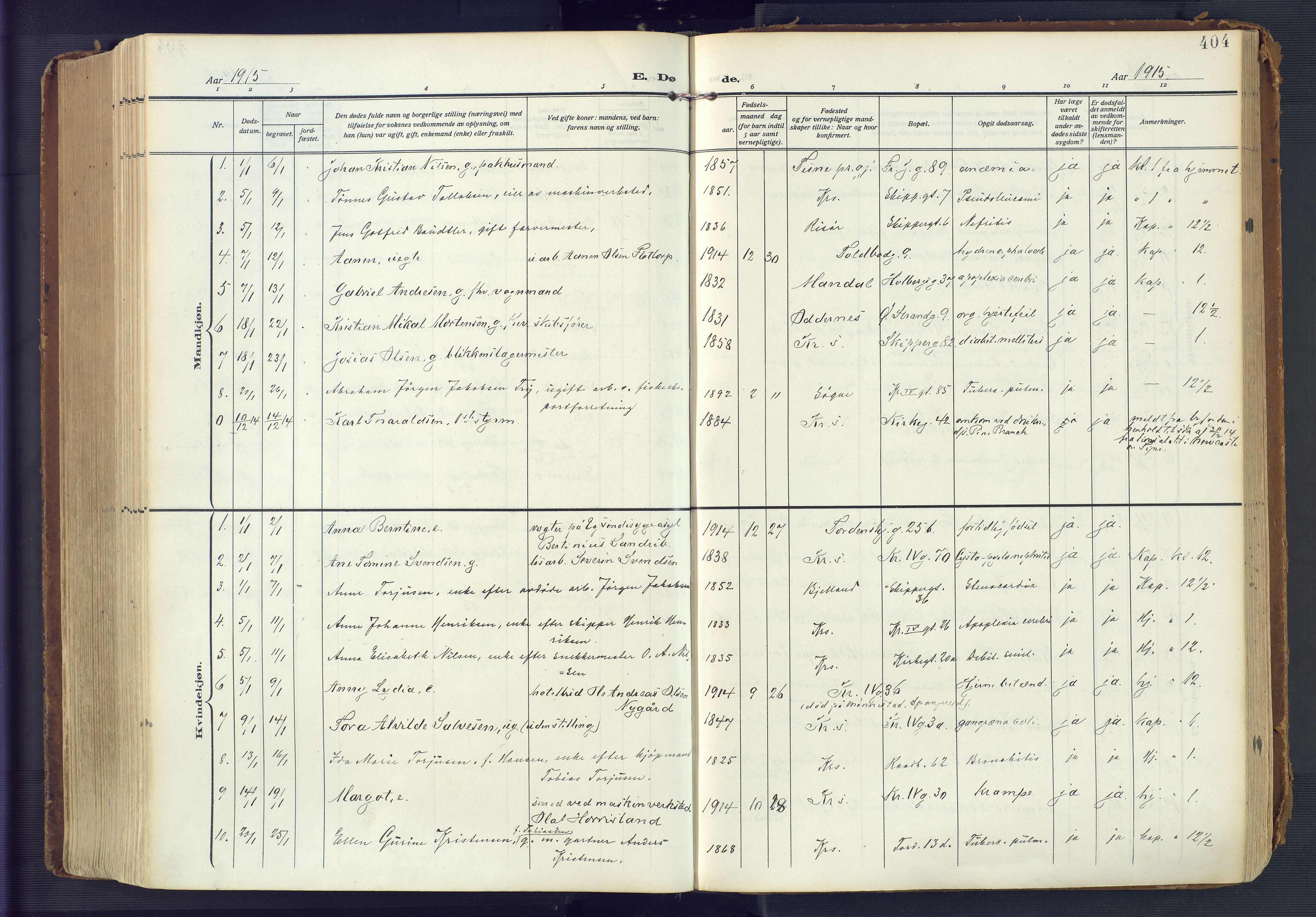 Kristiansand domprosti, AV/SAK-1112-0006/F/Fa/L0023: Parish register (official) no. A 22, 1909-1917, p. 404