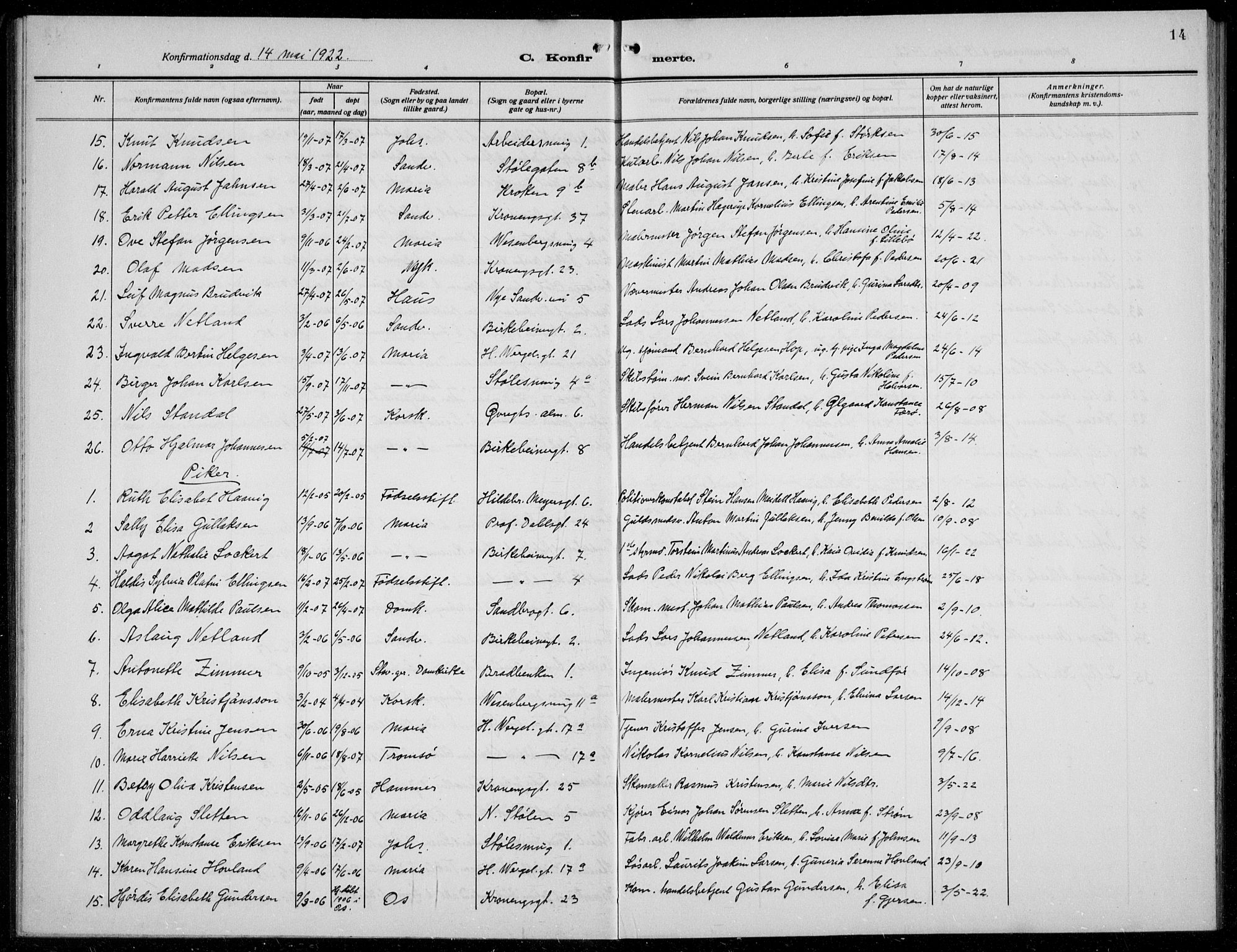 Mariakirken Sokneprestembete, AV/SAB-A-76901/H/Hab/L0010: Parish register (copy) no. A 10, 1920-1937, p. 14