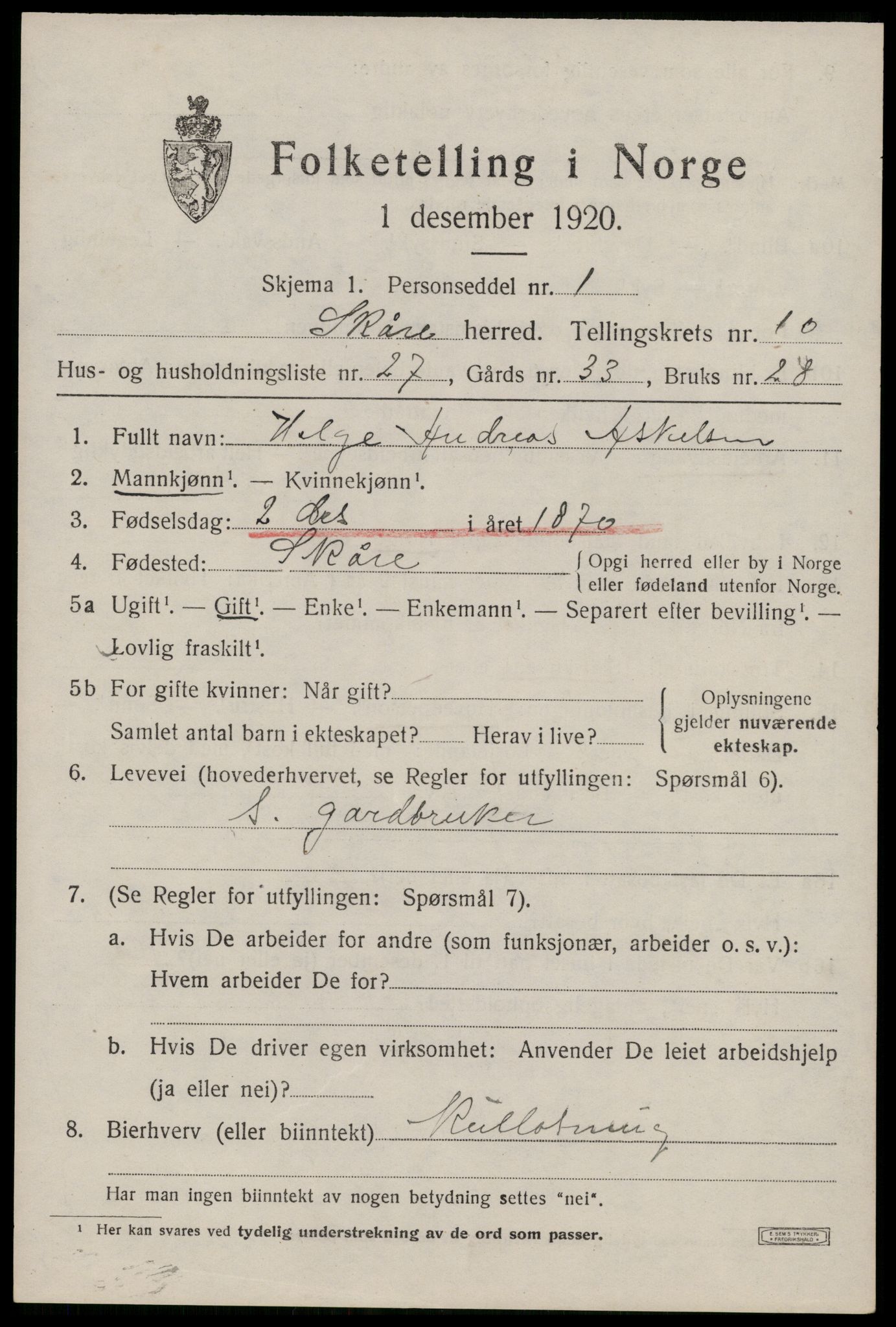 SAST, 1920 census for Skåre, 1920, p. 8198