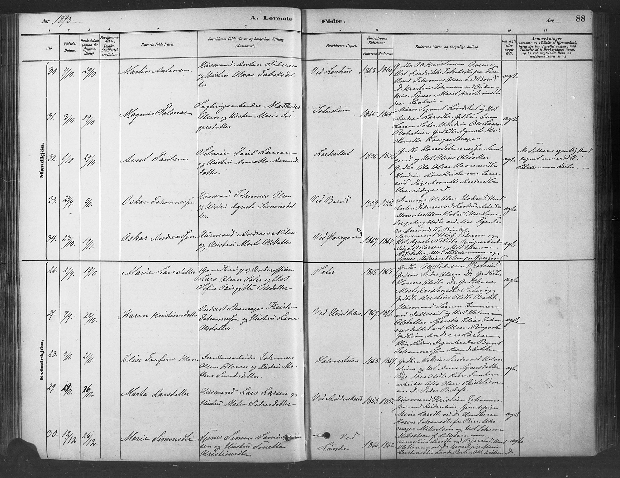 Fåberg prestekontor, SAH/PREST-086/H/Ha/Haa/L0009: Parish register (official) no. 9, 1879-1898, p. 88