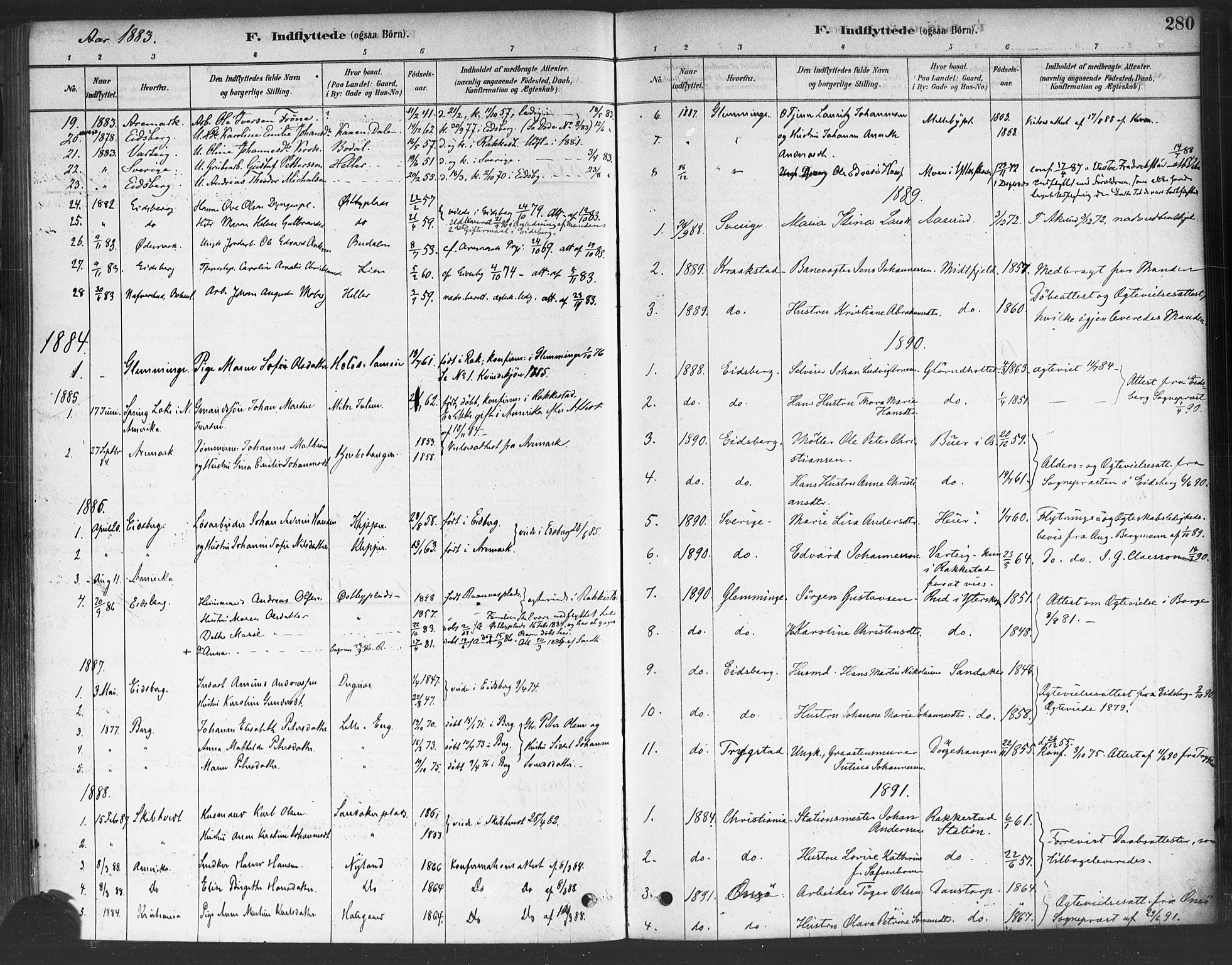 Rakkestad prestekontor Kirkebøker, AV/SAO-A-2008/F/Fa/L0012: Parish register (official) no. I 12, 1878-1893, p. 280